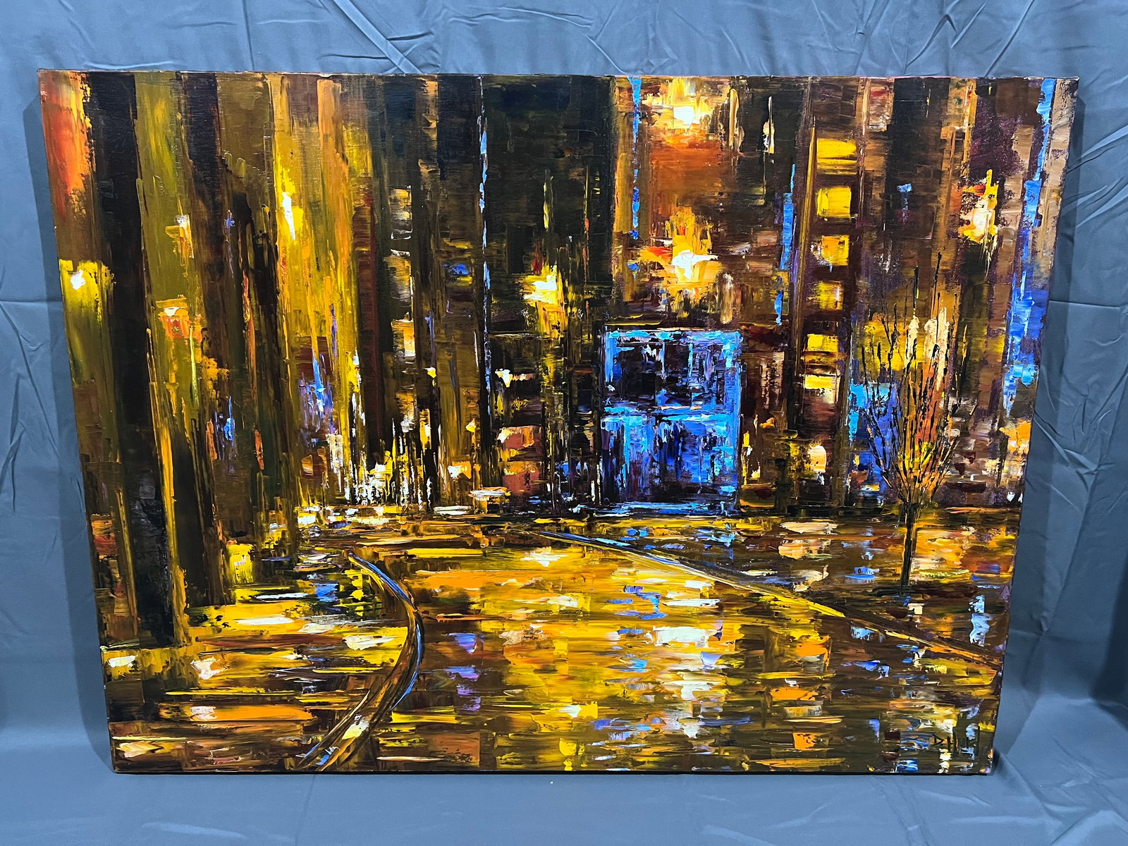 Signed D. Hurd Acrylic on Canvas Depicting Cityscape at Night.: Signed D. Hurd Acrylic on Canvas Depicting Cityscape at Night. Found in modern impressionism
