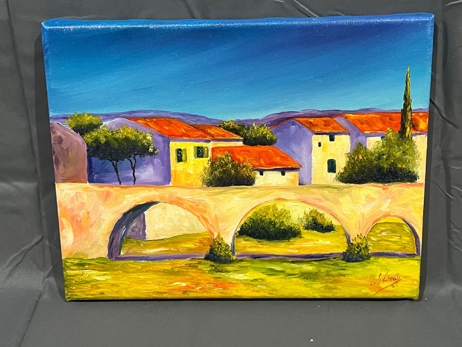 Signed Manuela Valenti Village Scene Oil on Canvas: Signed Manuela Valenti Village Scene Oil on Canvas. no frame