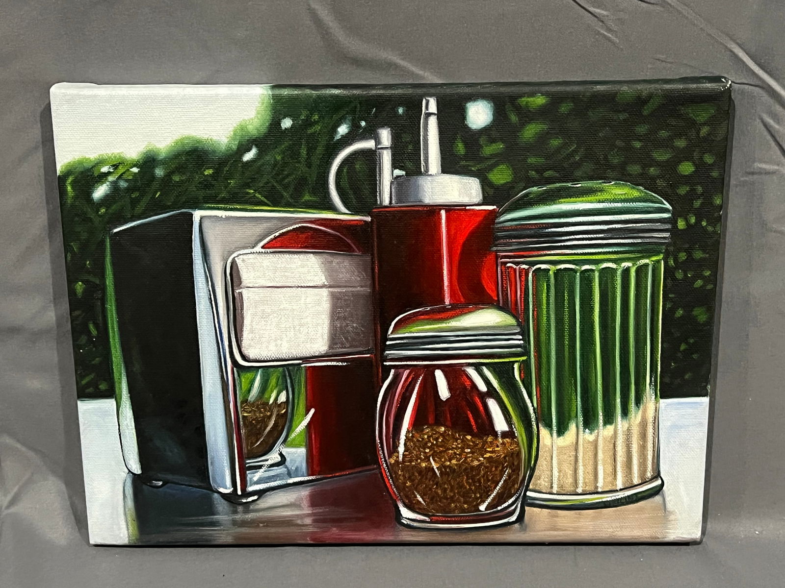 American Diner Table of Condiments Oil on Canvas: American Diner Table of Condiments Oil on Canvas. No frame