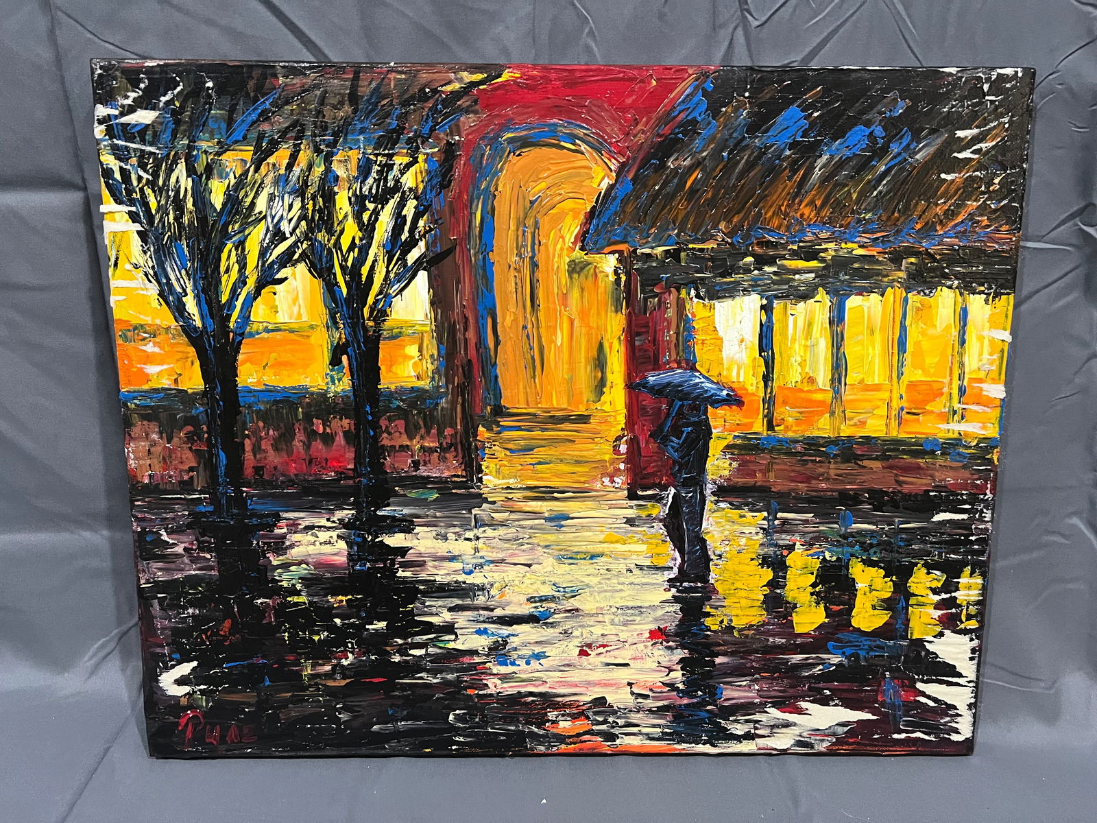 Signed Puae Raining Street Scene Oil on Canvas: Signed Puae Raining Street Scene Oil on Canvas. No frame