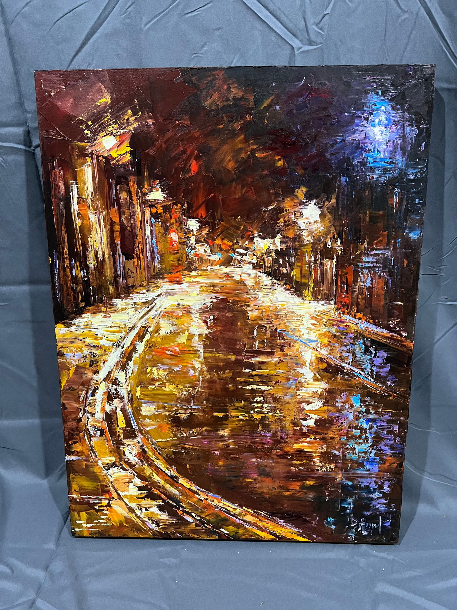 Signed Deborah Hurd Oil on Canvas - Street Scene at Night: Signed Deborah Hurd Oil on Canvas - Street Scene at Night. No frame