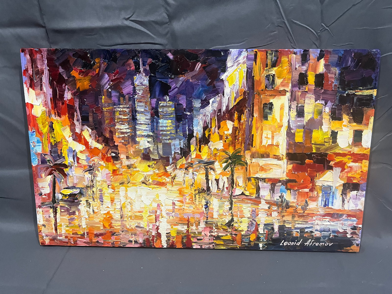 Signed Leonie Afremov Oil on Canvas â€œCity Romanceâ€: Signed Leonie Afremov Oil on Canvas â€œCity Romanceâ€. No frame