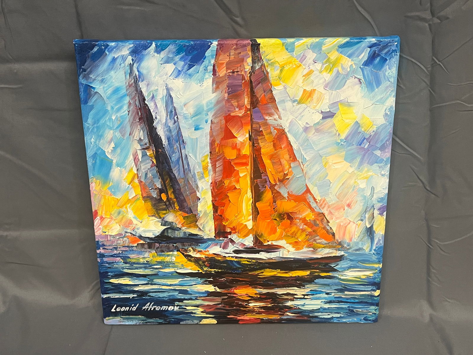 Signed Leonid Afremov Oil on Canvas â€œRed Sail #1â€: Signed Leonid Afremov Oil on Canvas â€œRed Sail #1â€. No frame