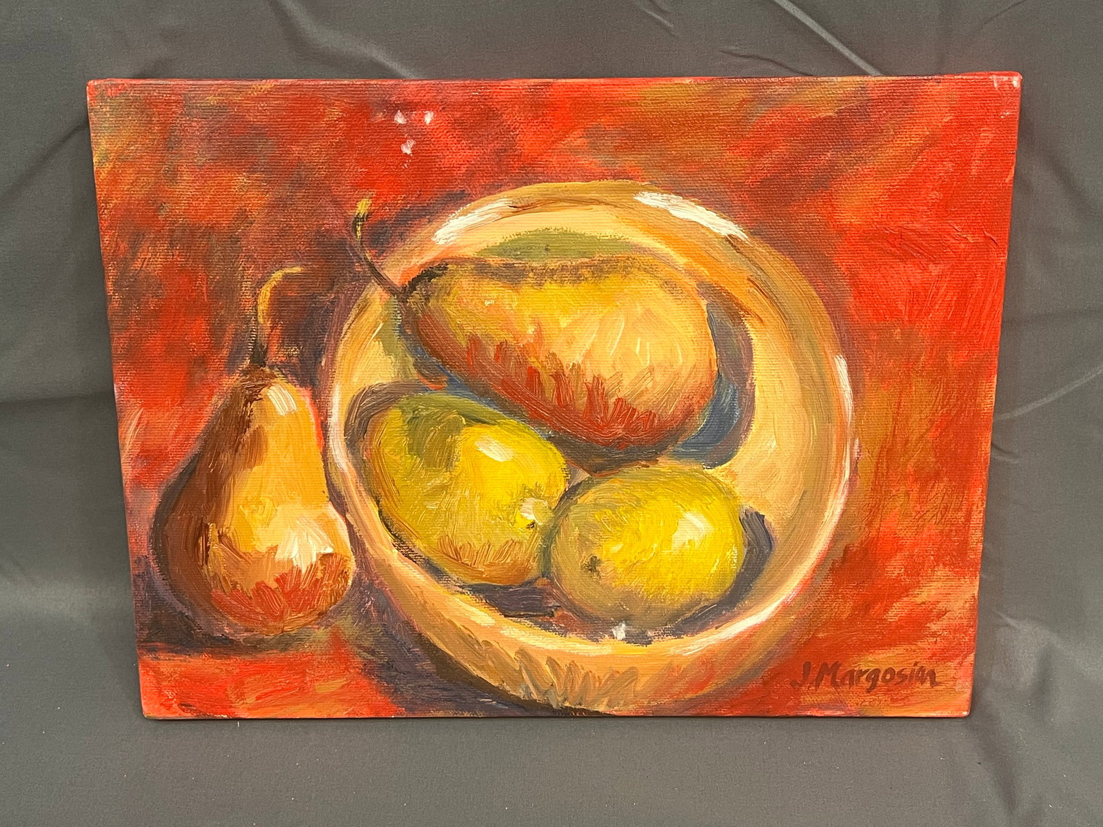 Signed J. Margosian Oil on Canvas â€œRed Pearsâ€: Signed J. Margosian Oil on Canvas â€œRed Pearsâ€. No frame