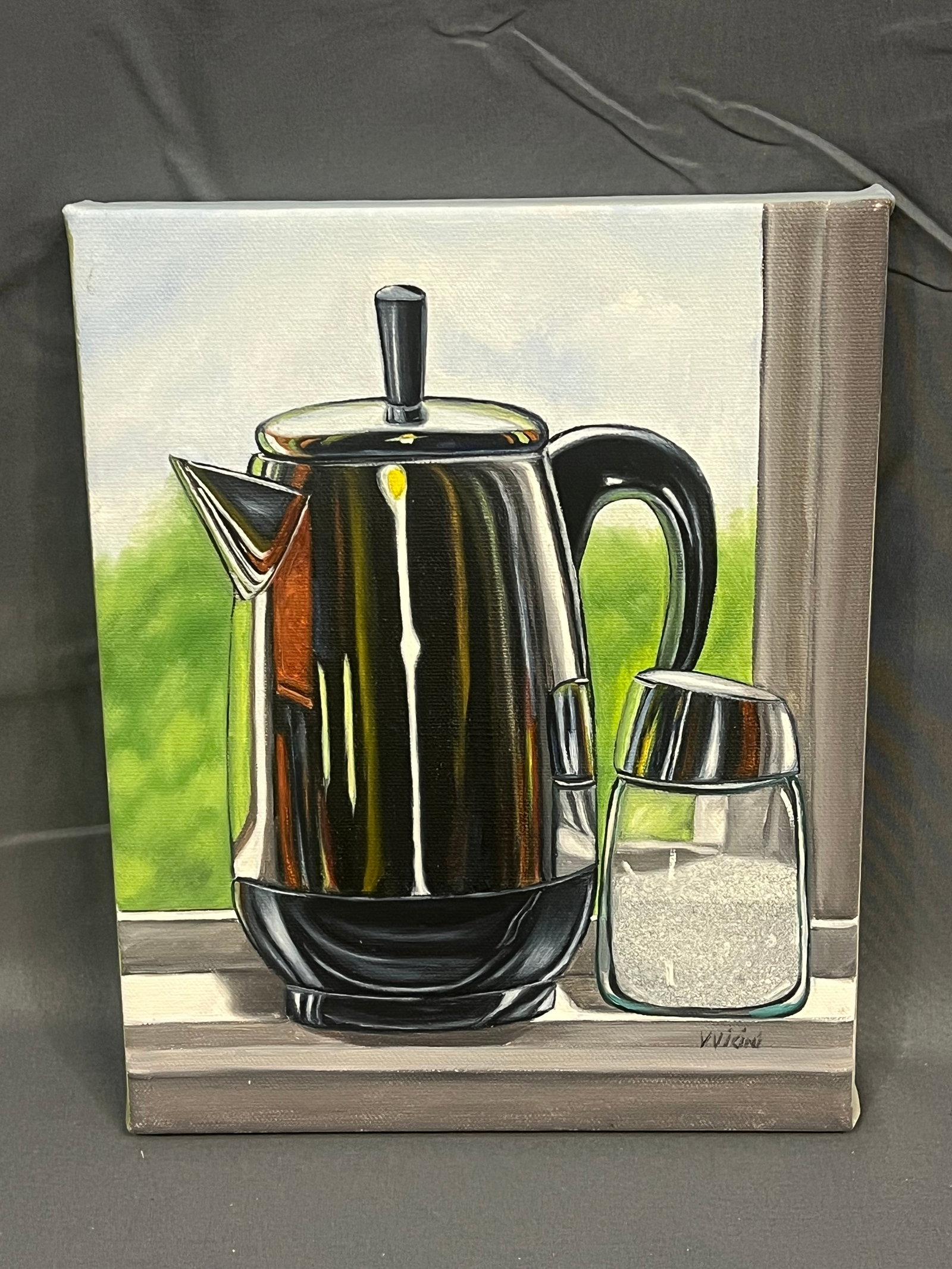 Signed V. Vicini Oil on Canvas - Coffee Pot: Signed V. Vicini Oil on Canvas - Coffee Pot. No frame