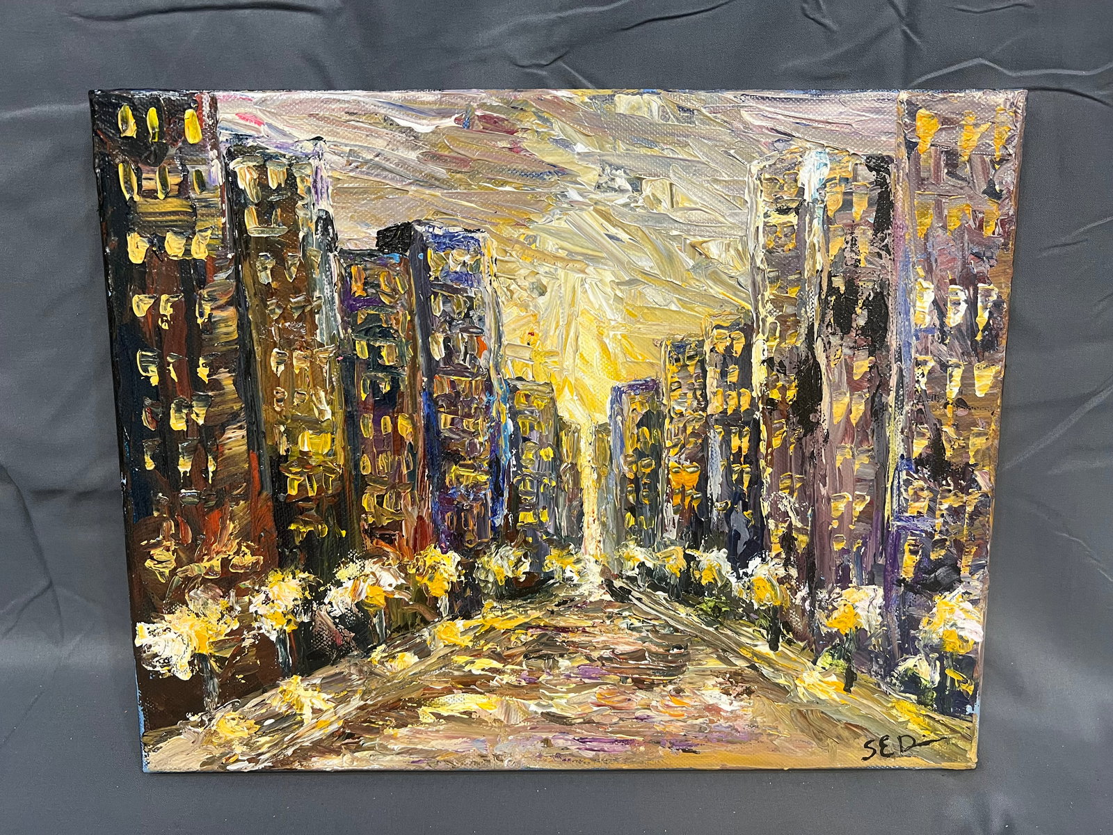 Signed Sarah Davis - City Scene: Signed Sarah Davis - City Scene. No frame