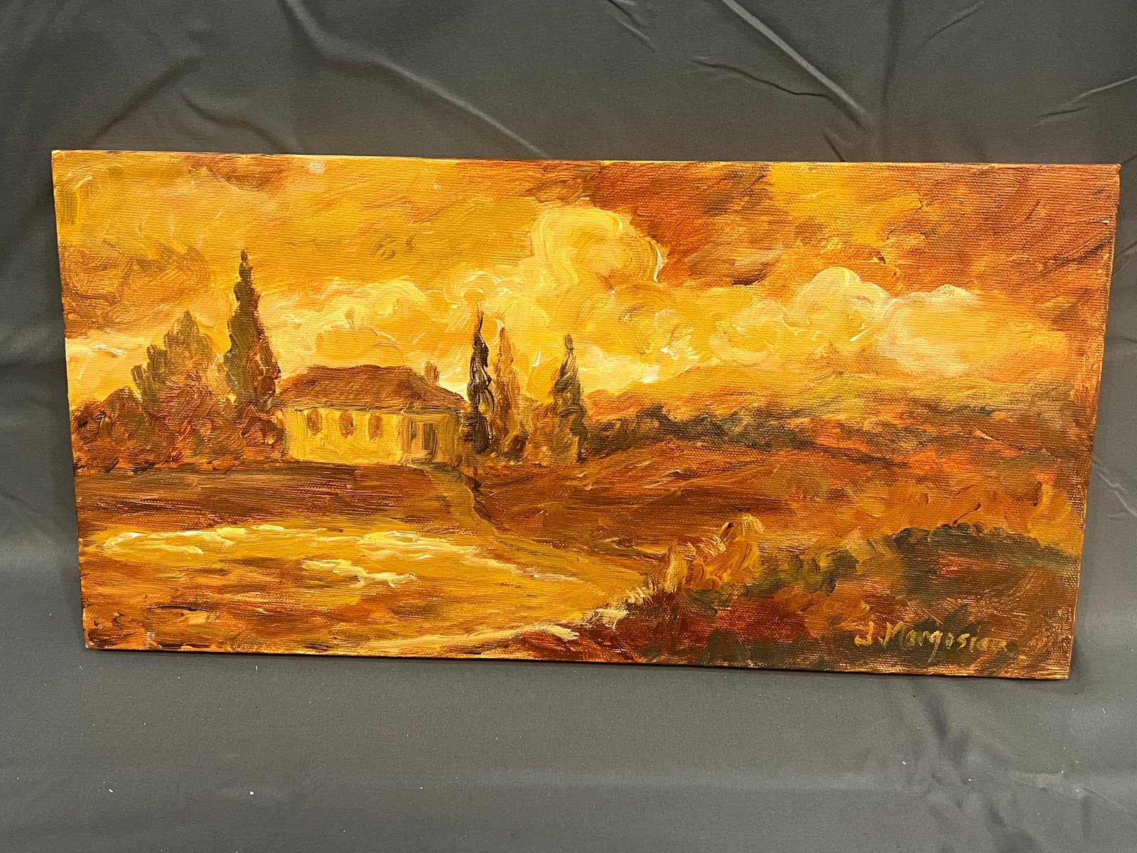 Signed J. Morgasion Cottage Scene Oil on Canvas (1 of 5)