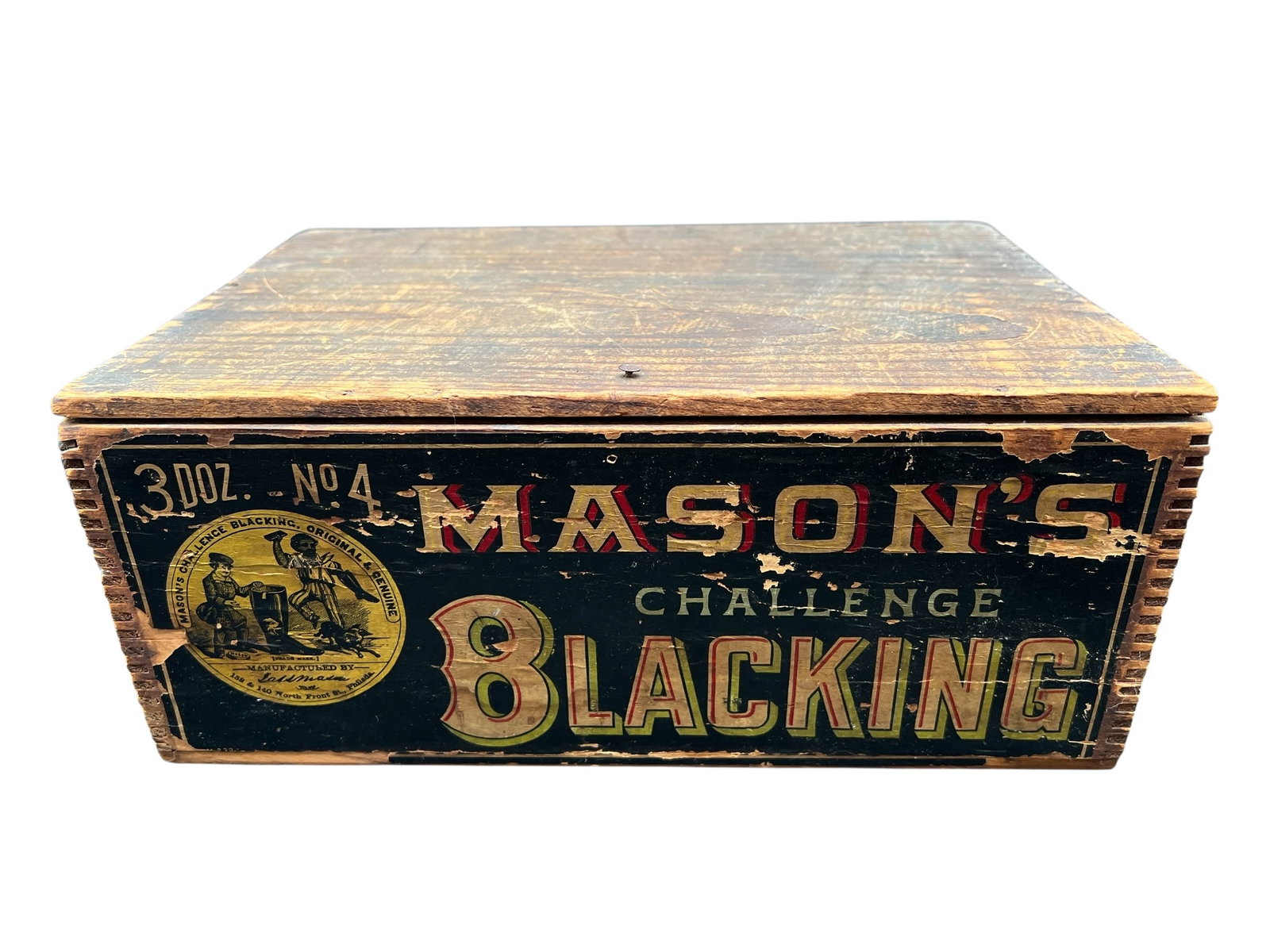 Mason’s Wooden Advertising Box: Mason’s Wooden Advertising Box. Mason’s Challenge Blacking. 3 dozen. No. 4. From the late 19th century. Manufacturered by James S. Mason of Philadelphia