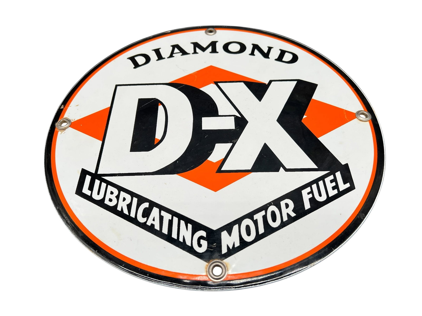 Diamond D-X Enameled Advertising Sign: Diamond D-X Enameled Advertising Sign. Lubricating Motor Fuel. Possibly reproduction