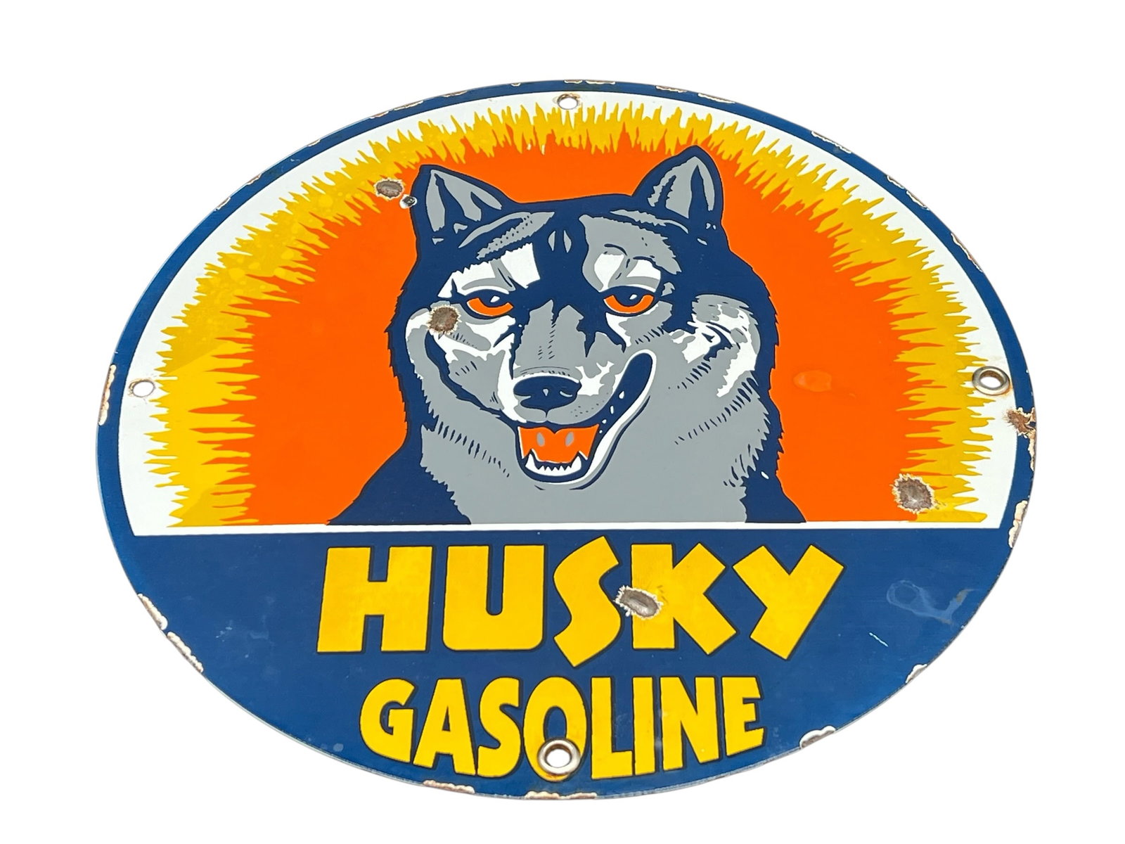 Husky Gasoline Porcelain Advertising Sign: Husky Gasoline Porcelain Advertising Sign. Possibly reproduction. Picture of husky on the front