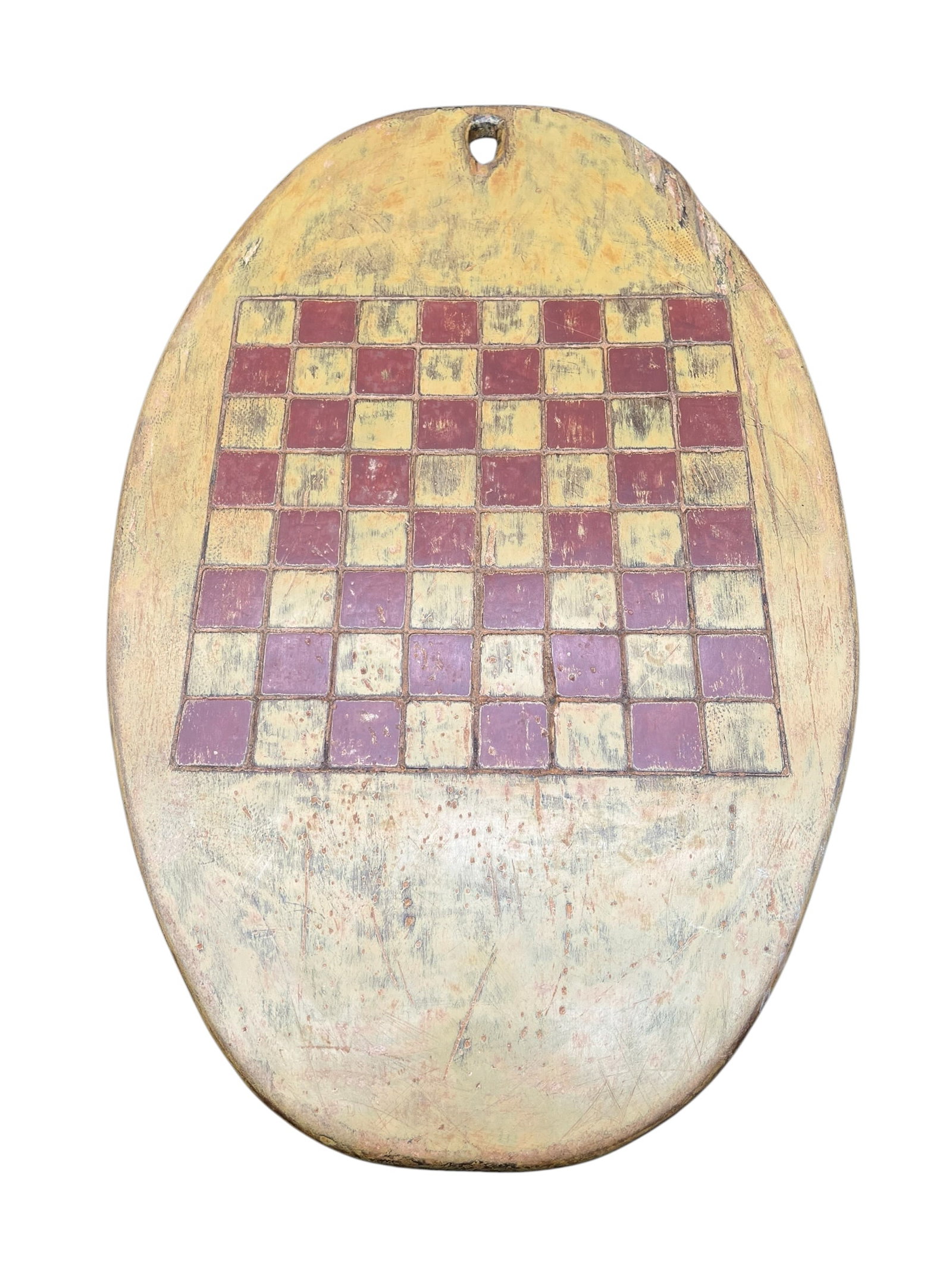 Early Oval Wooden Gameboard: Early Oval Wooden Gameboard. Features games such as checkers and chess. Great original paint.