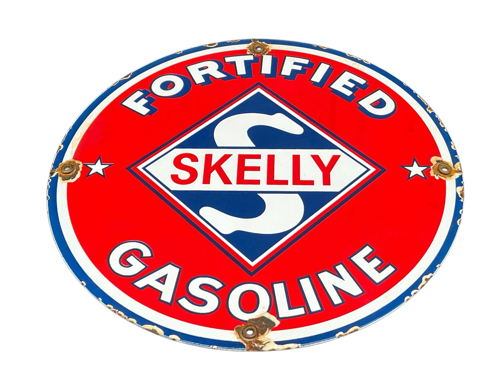 Skelly Fortified Gasoline Porcelain Advertising Sign: Skelly Fortified Gasoline Porcelain Advertising Sign. Possibly reproduction