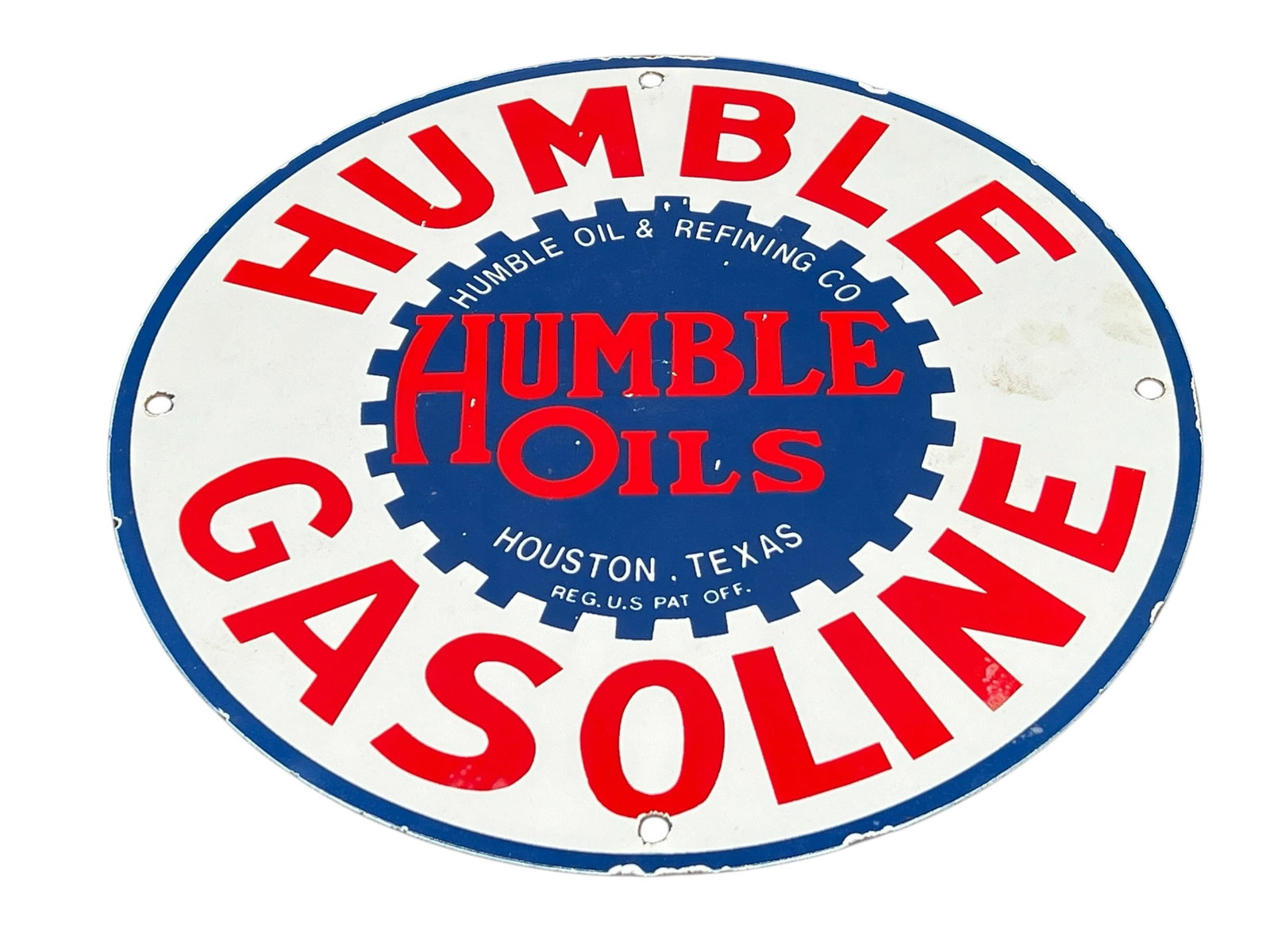 Humble Gasoline Porcelain Advertising Sign: Humble Gasoline Porcelain Advertising Sign. Possibly reproduction