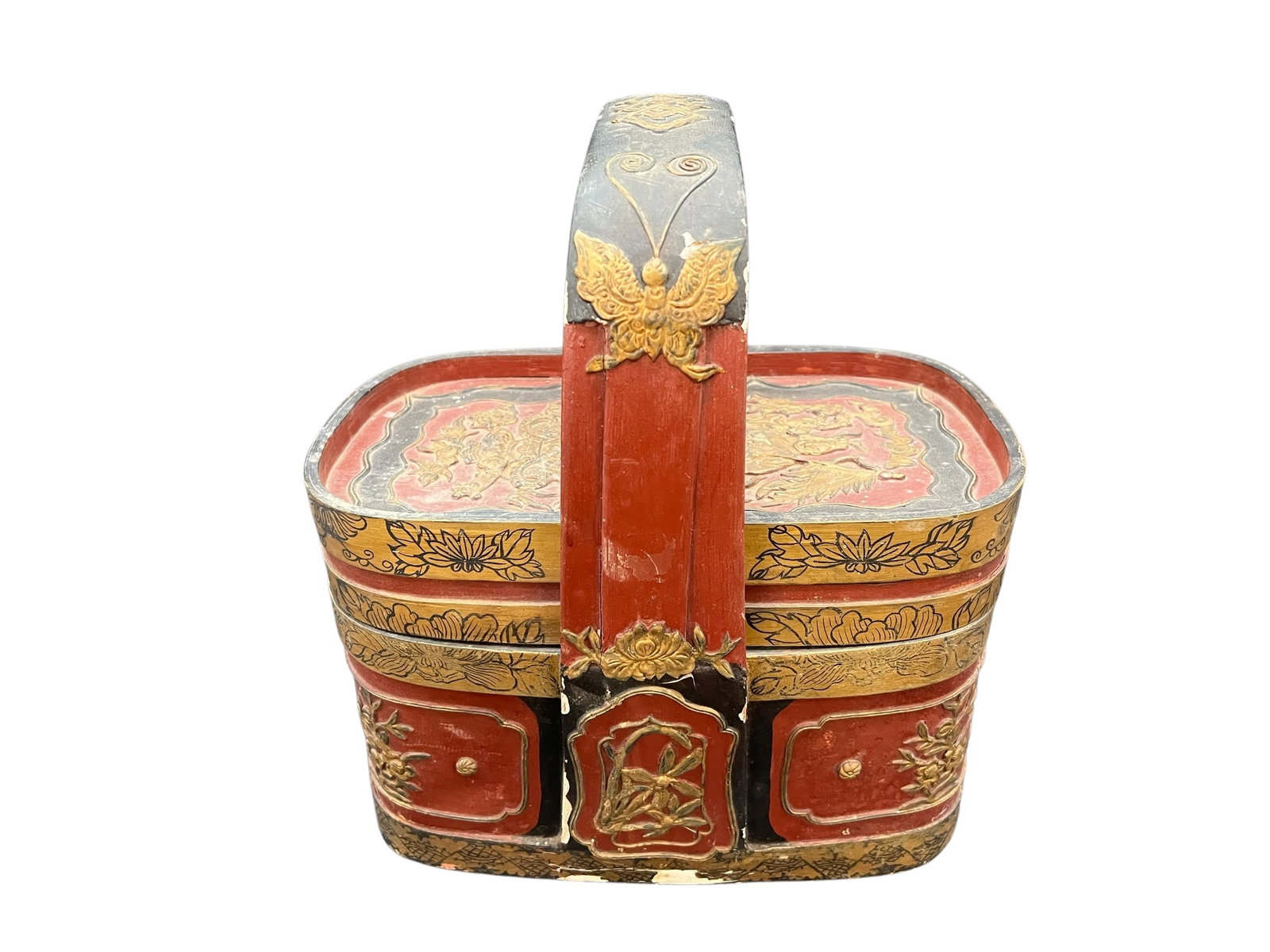 Antique Chinese Red and Black Lacquer Wedding or Betrothal Basket: Antique Chinese Red and Black Lacquer Wedding or Betrothal Basket. Oval shaped with a tall arched handle, with decorated intricate floral or bird motifs. Traditionally used in pairs to carry dowry gif