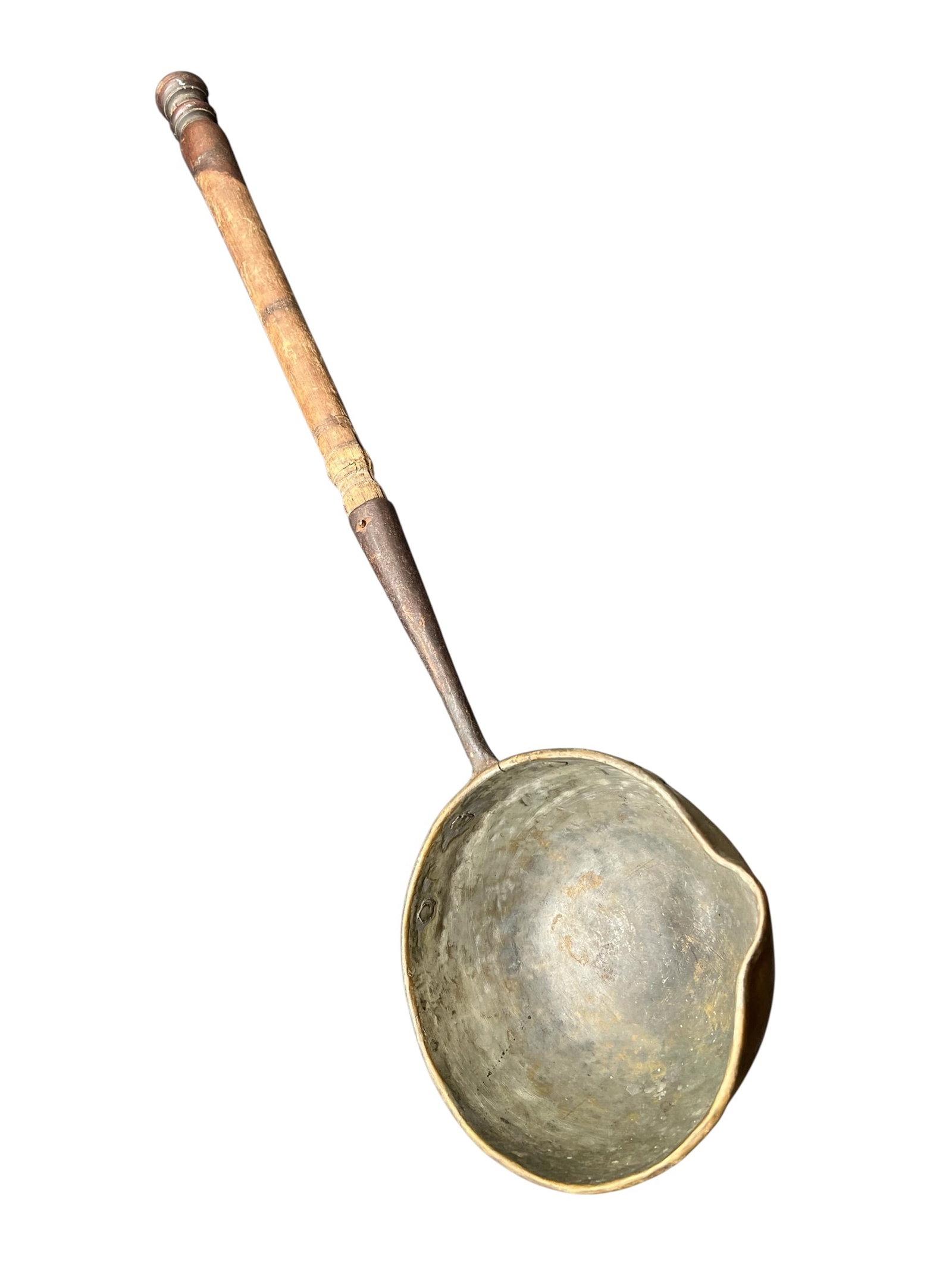 Early Handforged iron/brass candy pourer: Early Handforged iron/brass candy pourer. Wooden handle and brass bowl