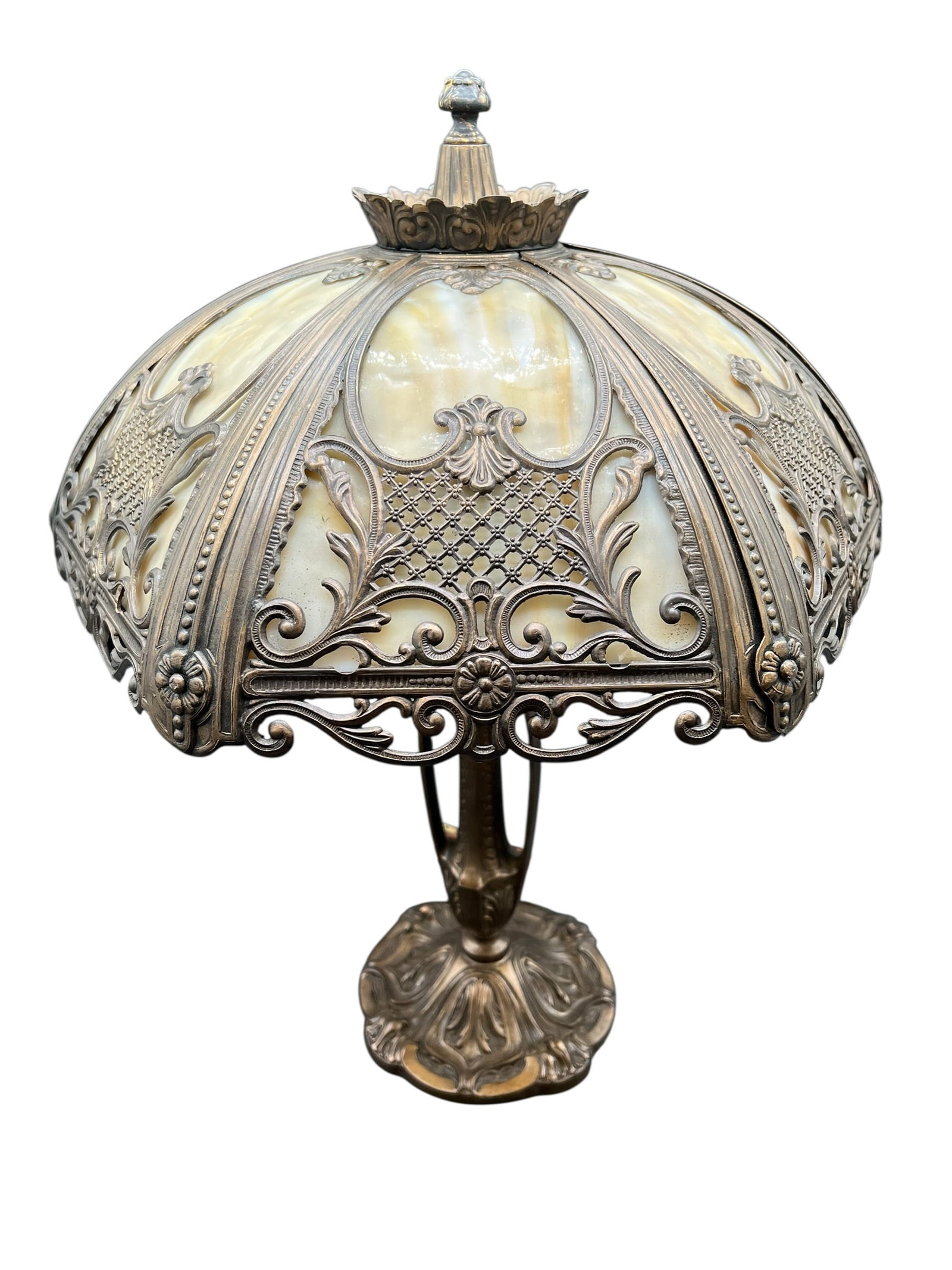 Art Nouveau Slag Glass Lamp: Art Nouveau Slag Glass Lamp. Featuring metal filigree overlay. Cast metal base