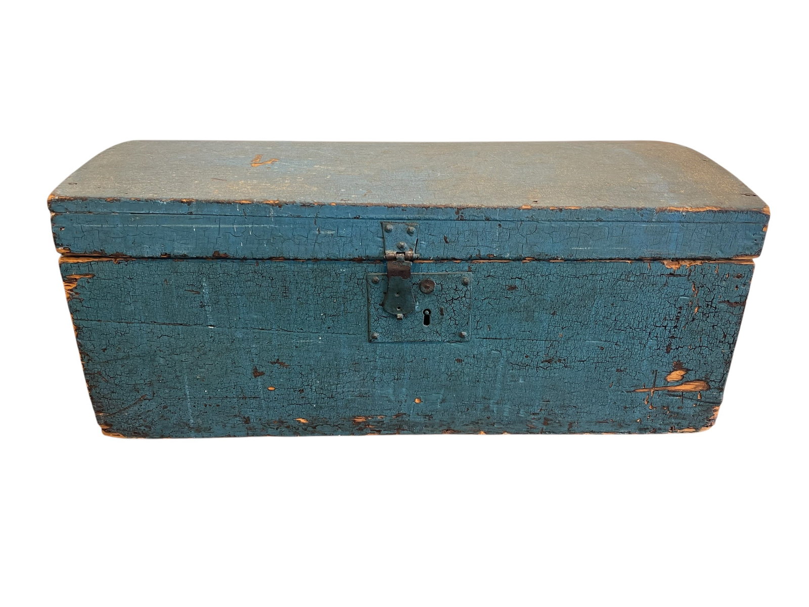 Early Small Wooden Blanket Chest: Early Small Wooden Blanket Chest. Dome top. Handle on either side. Original blue paint