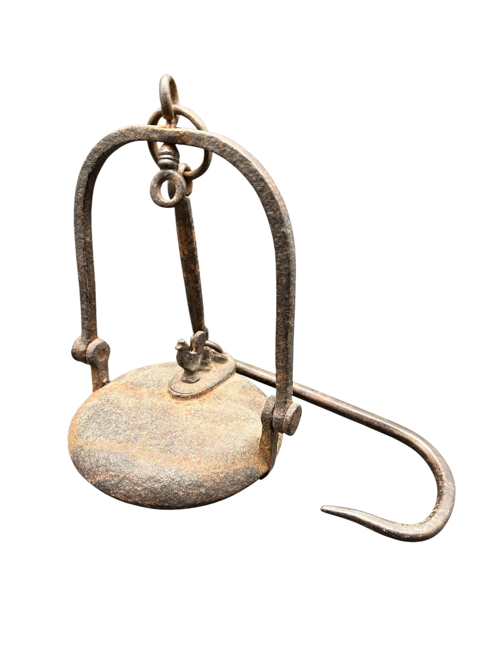 Early Iron Betty Lamp: Early Iron Betty Lamp. Hand forged. Hook for hanging. Possibly mining lamp or component from old machinery