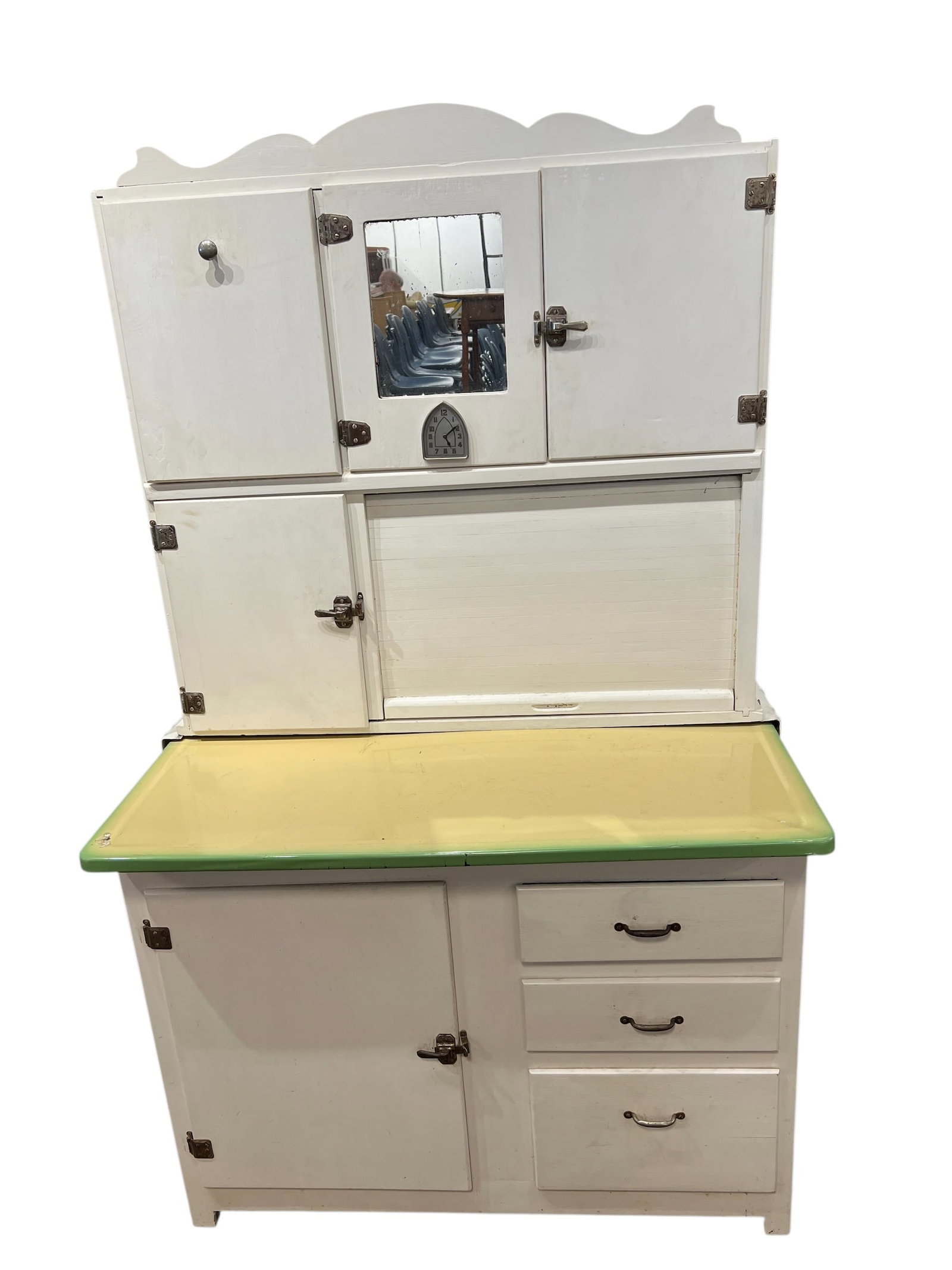 White Painted Vintage Hoosier Cabinet: White Painted Vintage Hoosier Cabinet. Hoosier cabinets were popular in the early 20th century as freestanding workstations, designed to maximize storage and efficiency in kitchens without built-in cu
