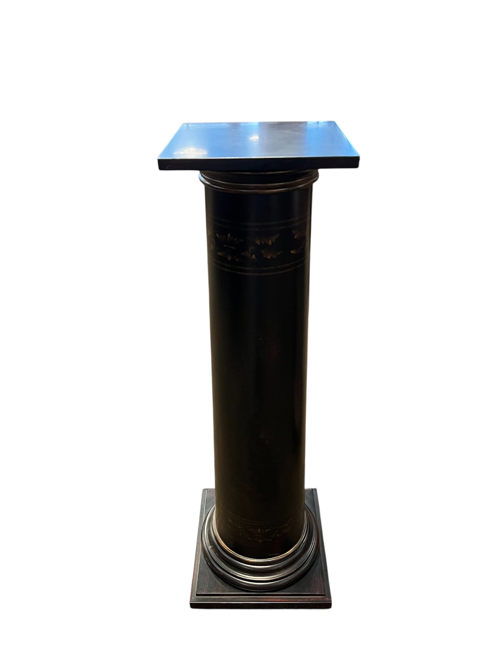 Black Bombay Company Regency Style Pedestal: vintage Bombay Company plant or sculpture pedestal, often referred to as a Regency-style Corinthian column. This specific model typically features a black or ebonized finish with gold-toned floral