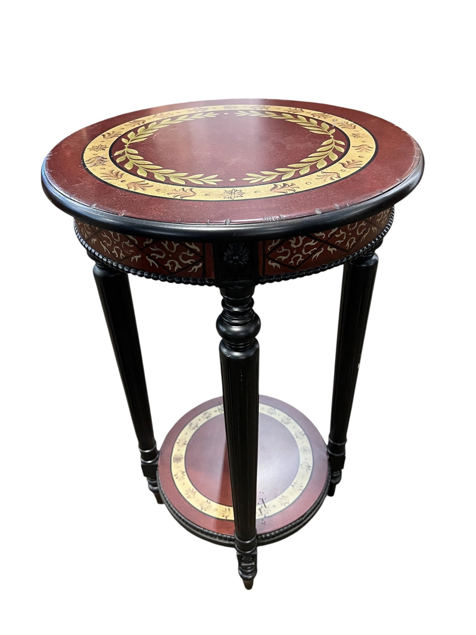 Bombay Company Round Accent Table: Palmerston Accent Table from The Bombay Company. It is a traditional two-tier side table designed in a Neoclassical style, characterized by its round top and straight turned legs Measures 28 in tall x