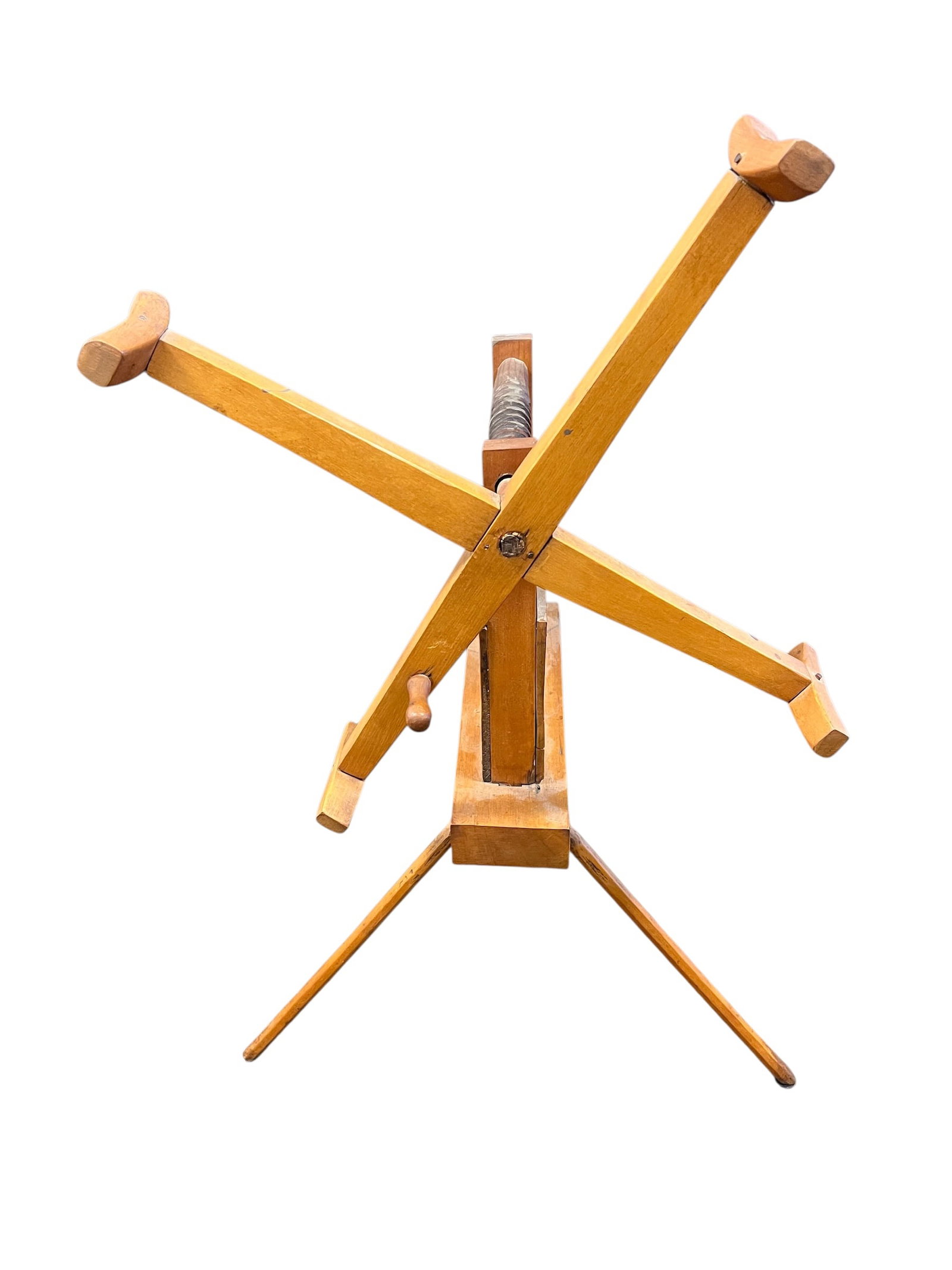 Antique Wooden Yarn Winder: Based on the image, this object is an antique primitive wooden yarn winder, sometimes referred to as a "weasel" or skein winder. Function: It was traditionally used to wind handspun yarn into skeins o