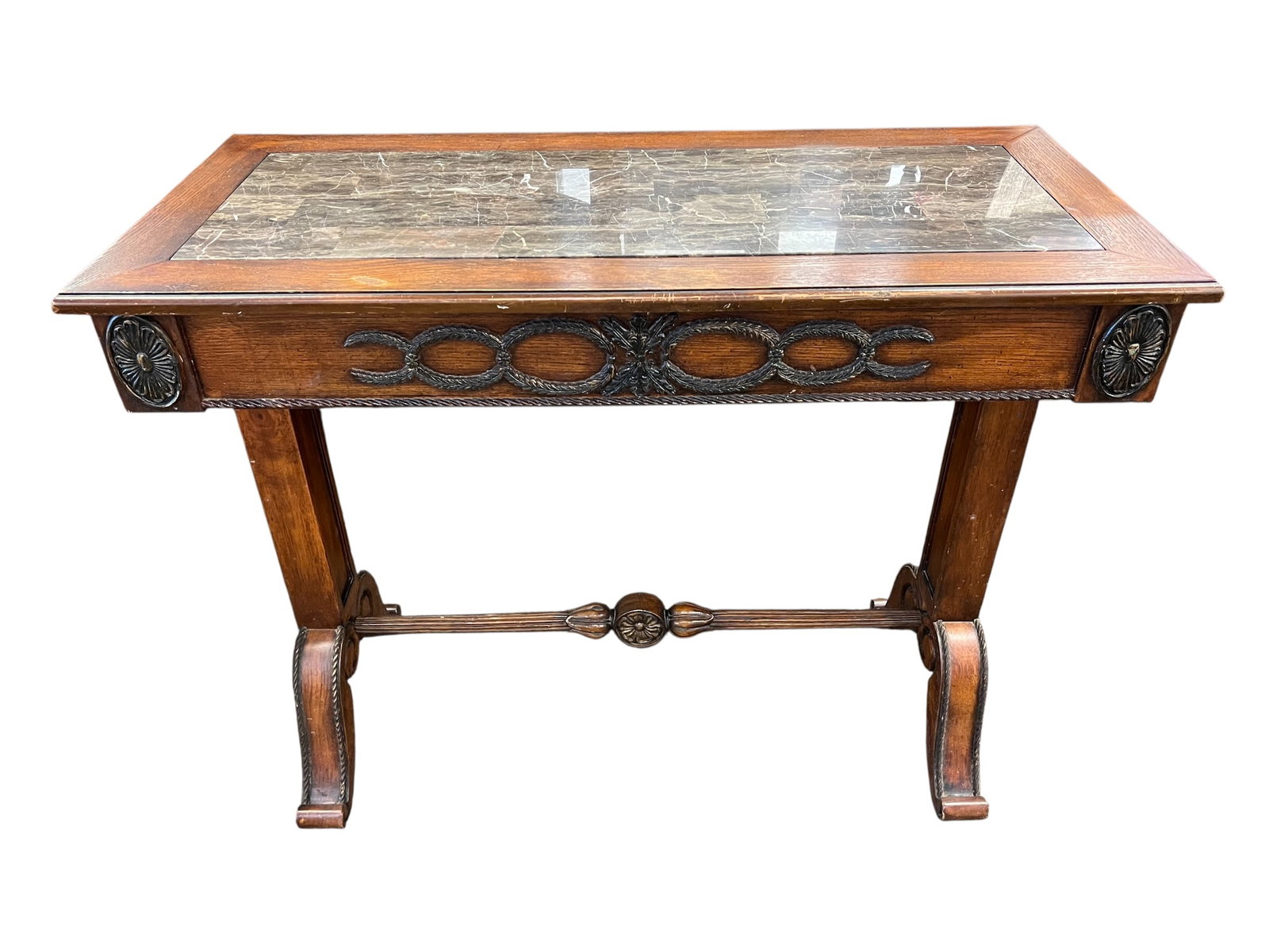 Antique French Gothic Walnut and Marble Console Table: Antique French Gothic Walnut and Marble Console TableBased on the image, this is an antique console or entryway table, likely dating from the 19th century and featuring a solid wood frame with an inla
