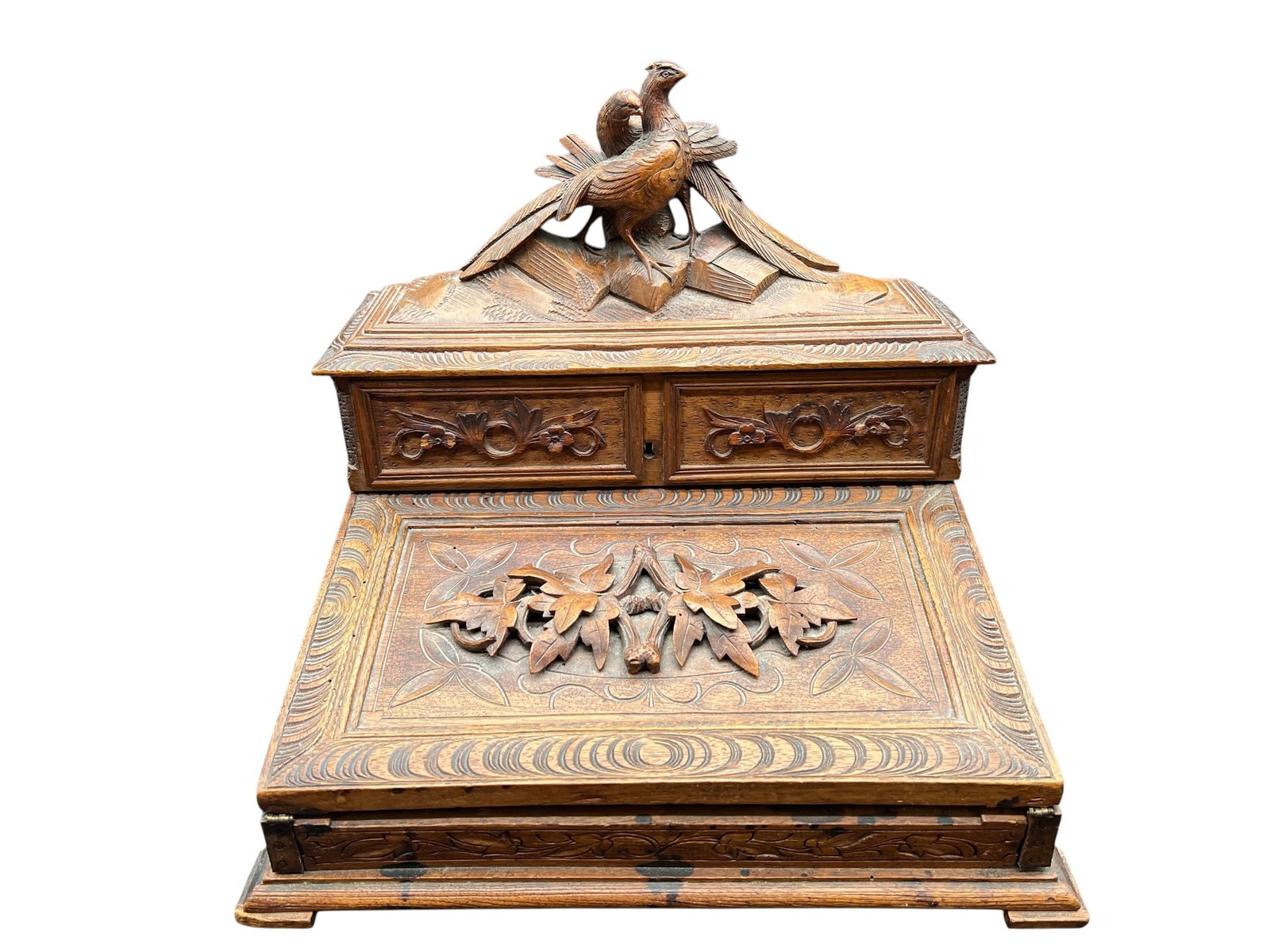 Antique French or “Black Forest” Hand Carved Walnut Jewelry Box: Antique French or “Black Forest” Hand Carved Walnut Jewelry Box. Typically dating from the 1880’s. Features masterful carvings of a pair of game birds (pheasants) with their nest on top.dd10