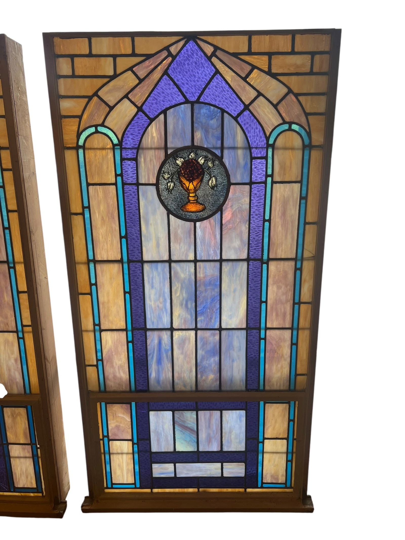 Stain Leaded Glass Window: This is a set of early 1900s American figural church stained glass windows featuring a Gothic arch design. [1]The windows are constructed with opalescent glass and original lead work.They feature a ce