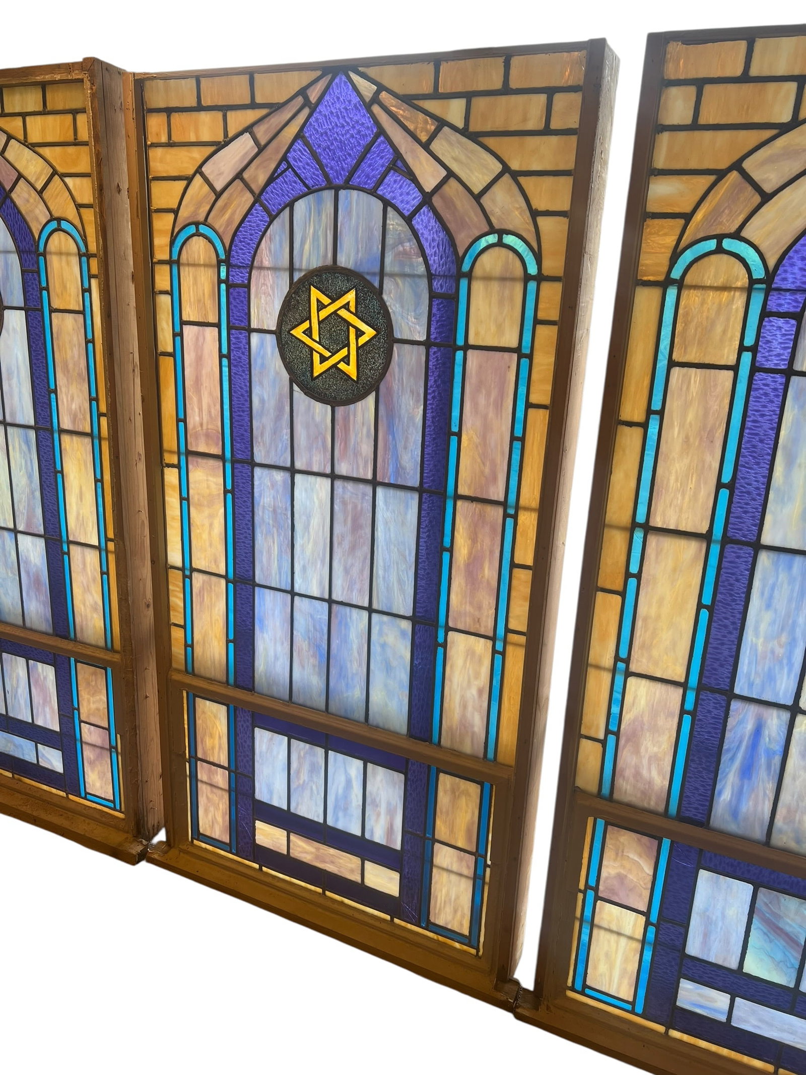 Stain Leaded Glass Window: This is a set of early 1900s American figural church stained glass windows featuring a Gothic arch design. [1]The windows are constructed with opalescent glass and original lead work.They feature a ce