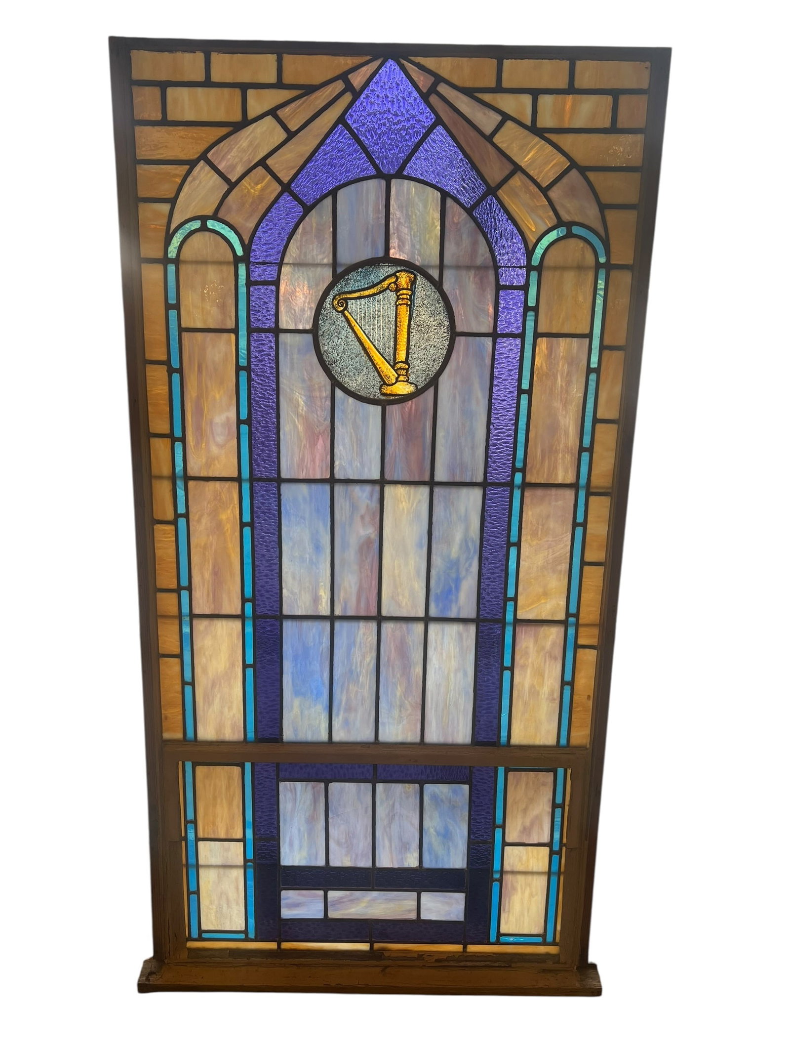 Stain Leaded Glass Window: This is a set of early 1900s American figural church stained glass windows featuring a Gothic arch design. [1]The windows are constructed with opalescent glass and original lead work.They feature a