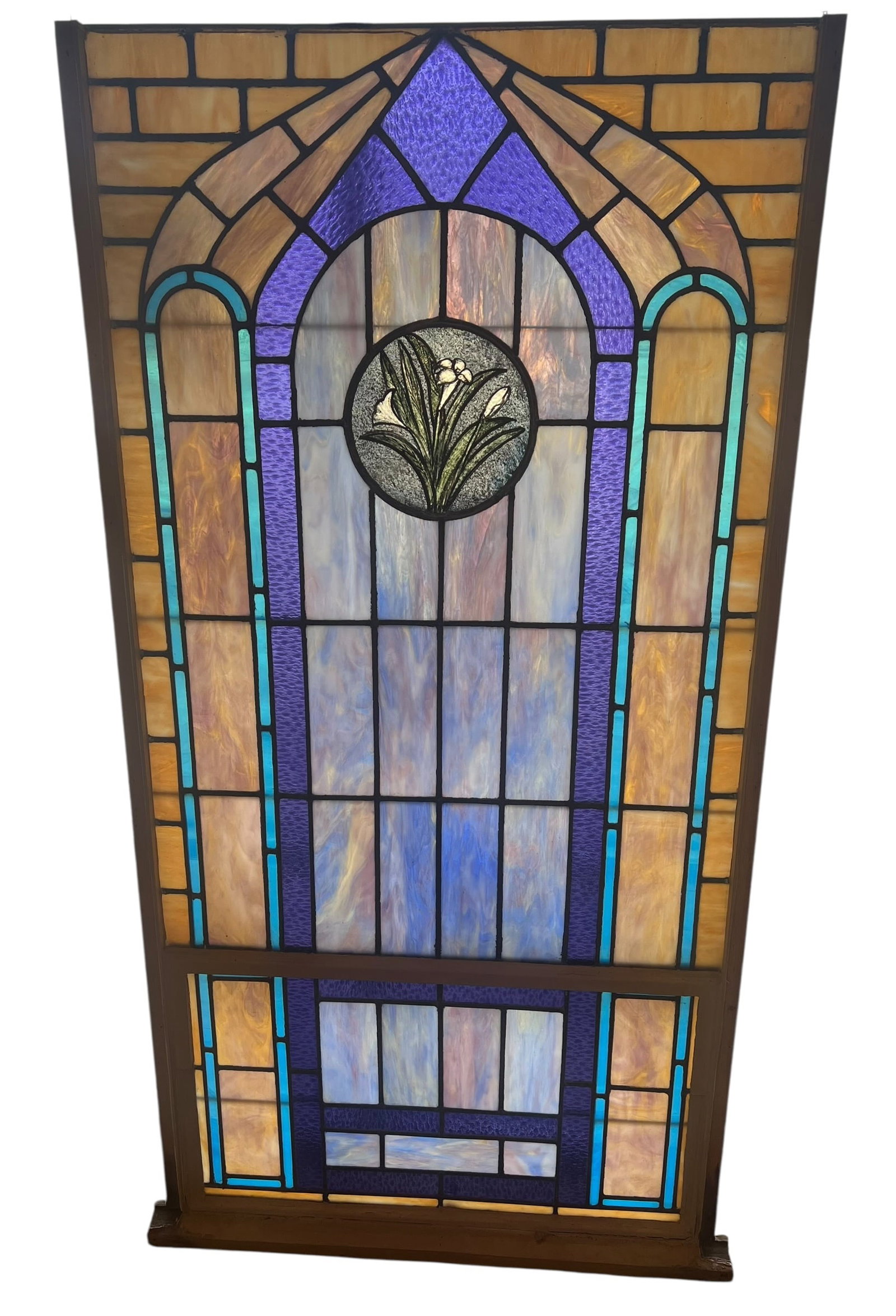 Stain Leaded Glass Window: This is a set of early 1900s American figural church stained glass windows featuring a Gothic arch design. [1]The windows are constructed with opalescent glass and original lead work.They feature a ce