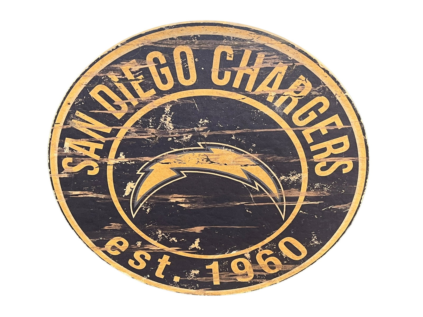 Wooden San Diego Chargers Advertising Sign: Team OriginFounded in 1960.Began in the American Football League (AFL).Moved to Los Angeles in 2017.Visual BrandingFeatures the classic lightning bolt logo.Showcases vintage yellow and navy colors.Dis