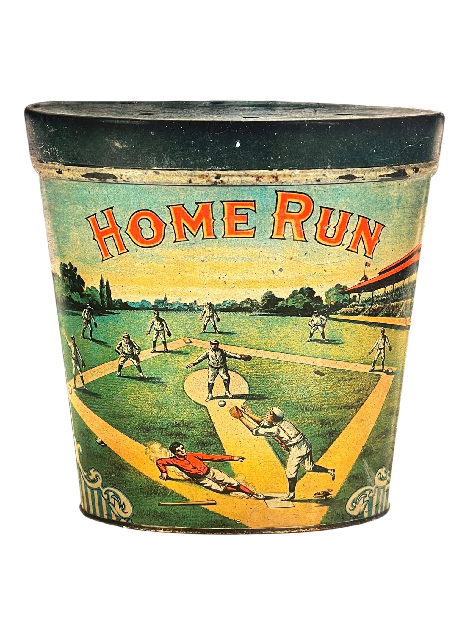 Home Run Metal Advertising Sign: This is a vintage Home Run cigar advertising sign from the early 1900s featuring a graphic baseball scene. [1, 2]Manufacturer: The tin was produced by Liggett & Myers Tobacco Co..Design: It features