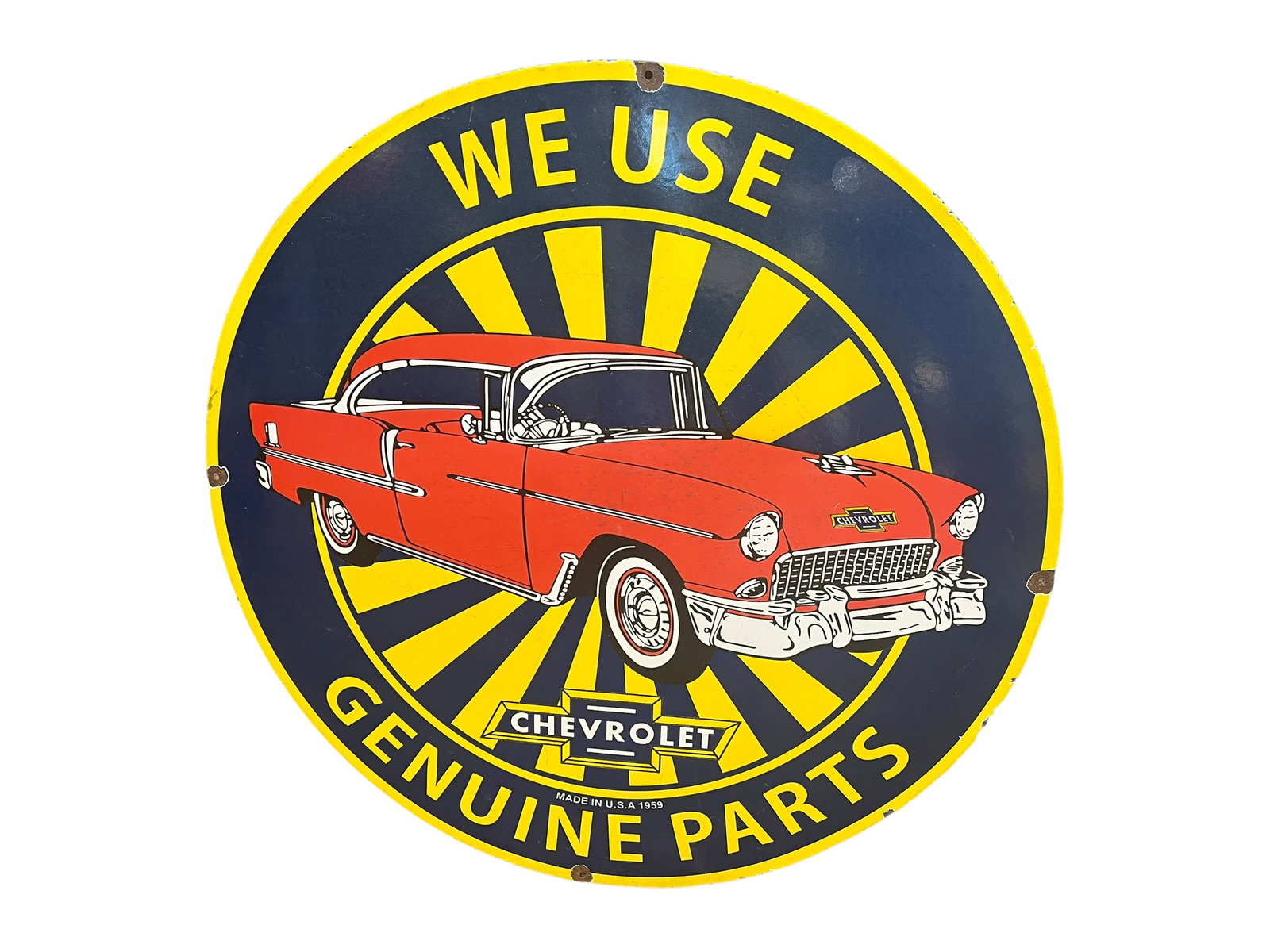Chevy ’55 Porcelain Advertising Sign: This is a vintage-style circular metal advertising sign featuring a red 1955 Chevrolet Bel Air car. [1, 2]Design: The sign includes a yellow sunburst background with blue accents and prominently