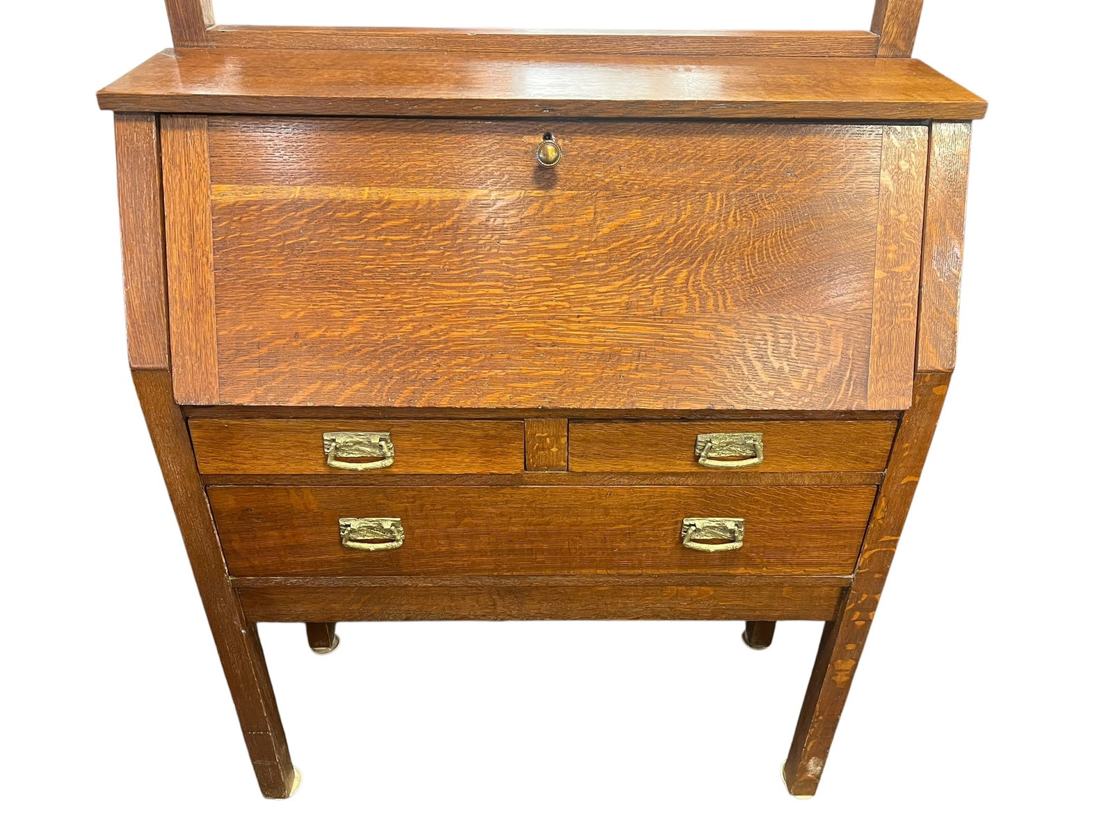 Oak Craft Slant Front Desk: This is an antique Mission Arts & Crafts drop-front secretary desk made of quarter-sawn oak, likely by Stickley Brothers or Gustav Stickley in the early 20th century. [1, 2]Style: The piece is