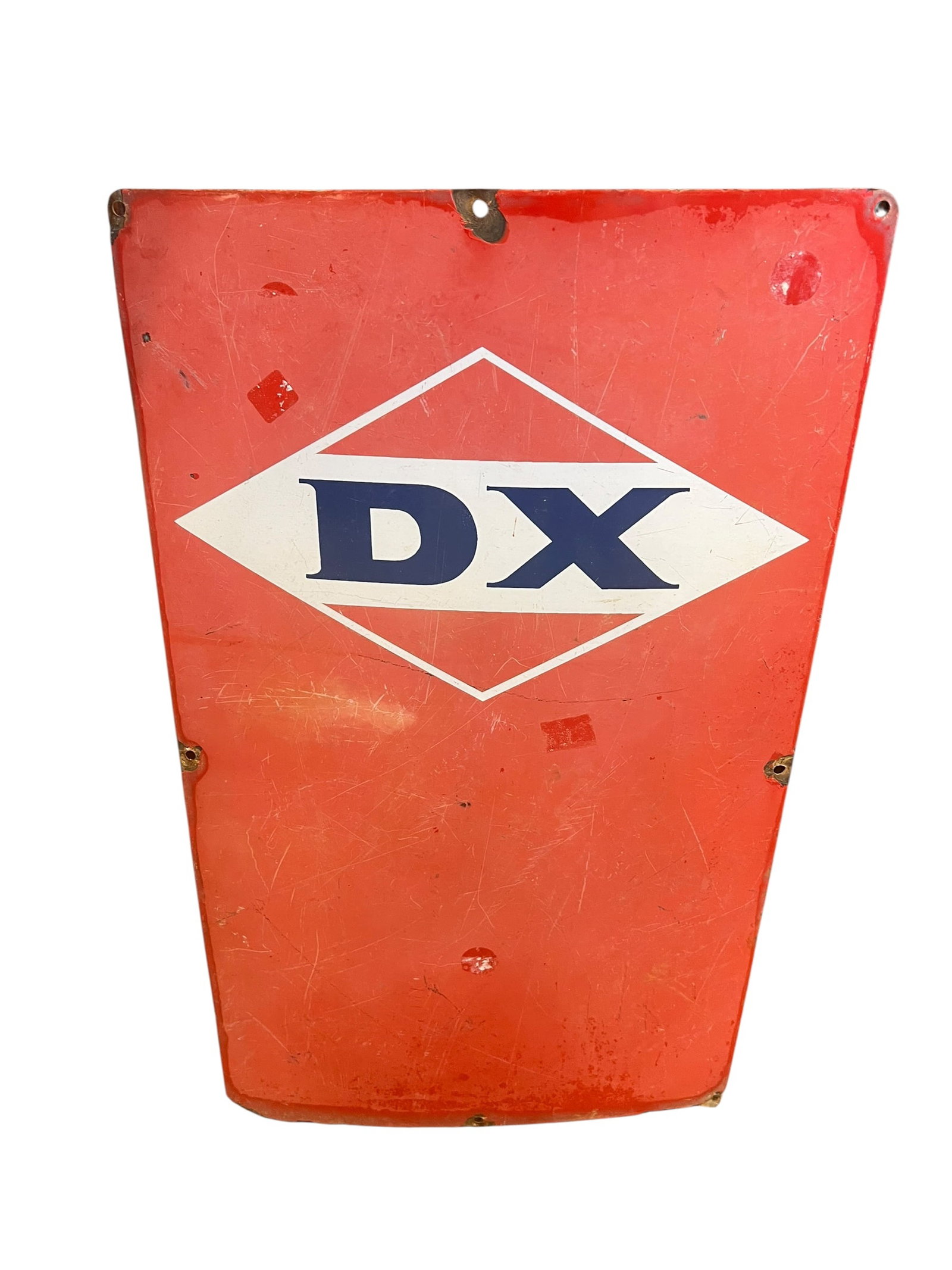DX Metal Advertising Sign: This is a vintage DX single-sided porcelain gas pump plate sign from the 1950s.Design: Features a red background with a diamond logo containing the "DX" brand name in blue and white.Dimensions: