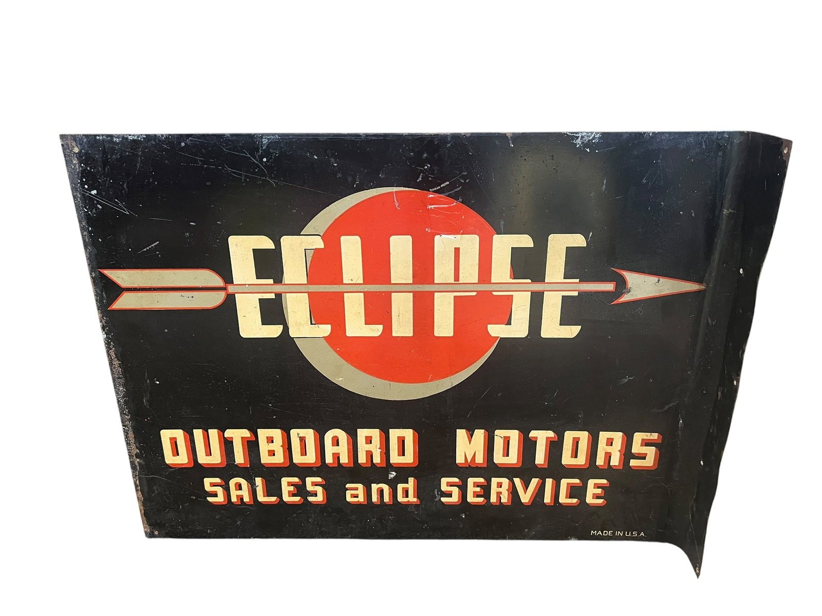 Eclipse Metal Advertising Sign: This vintage sign is associated with Bendix Marine, specifically featuring the branding for their Eclipse Outboard Motors line from the late 1930s. [1, 2]Brand History: The Eclipse outboard motors