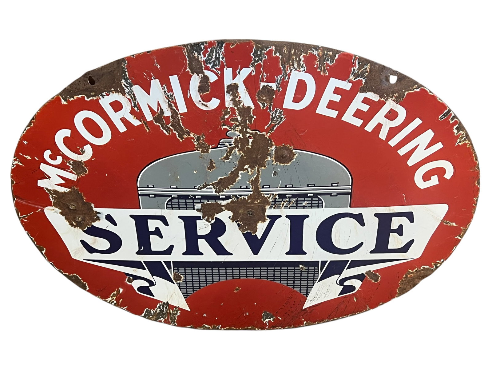 McCormick Deering Porcelain Advertising Sign: This is a vintage style McCormick-Deering Service porcelain enamel metal sign.Sign Type: These signs are typically constructed from heavy-gauge steel covered in porcelain enamel.Dimensions: Similar ov