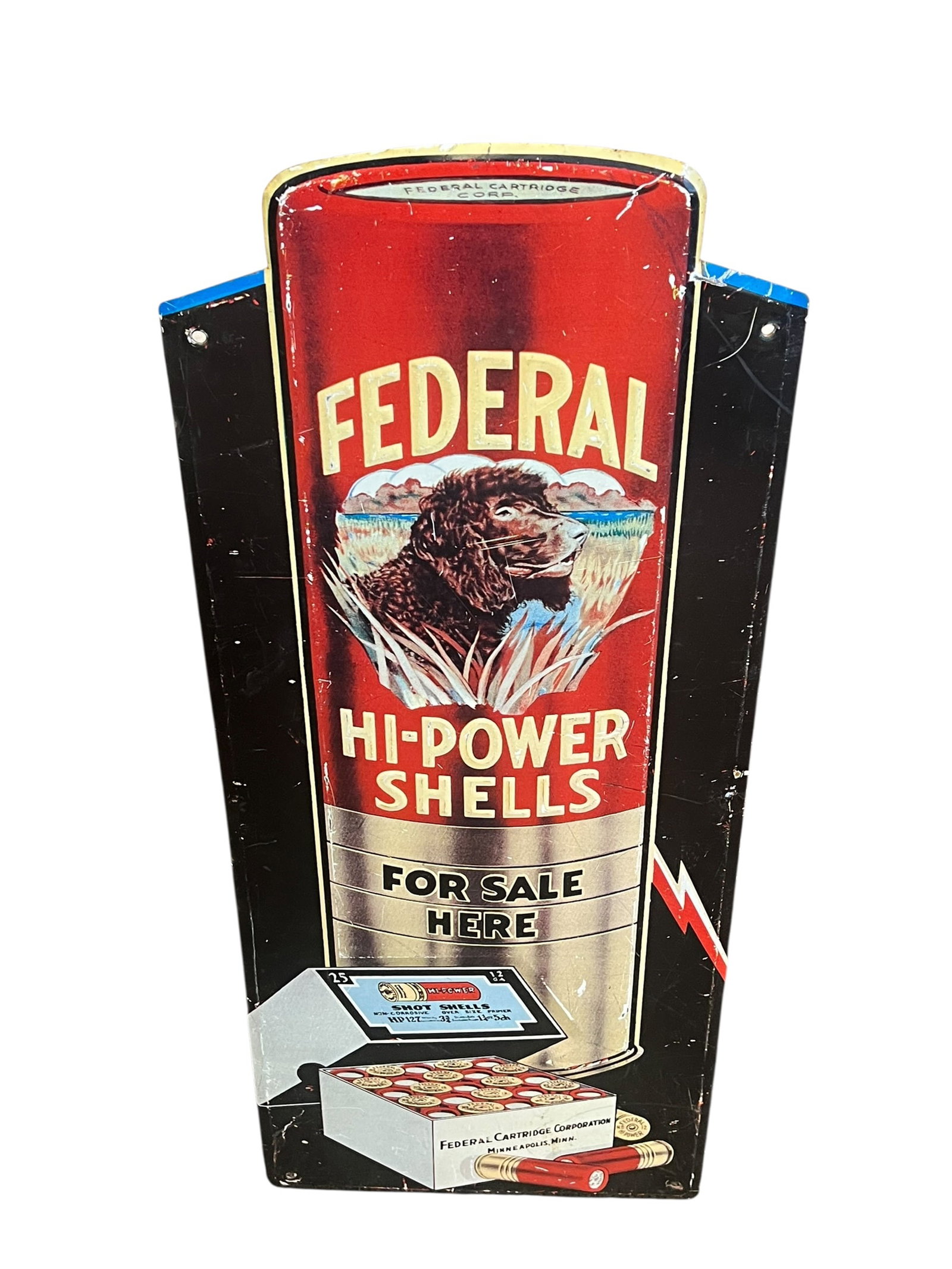 Federal Hi Power Shells Metal Advertising Sign: This is a vintage Federal Cartridge Corporation "Hi-Power Shells" die-cut metal advertising sign.Era: These signs were commonly produced in the 1930s to 1950s.Dimensions: The sign typically measures a