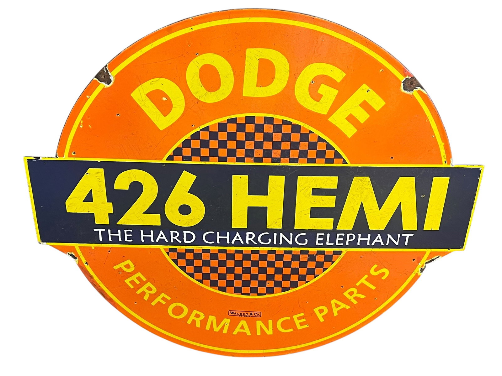 426 Hemi Porcelain Advertising Sign: This is a vintage-style single-sided porcelain (SSP) advertising sign celebrating the legendary Dodge 426 Hemi engine. [1, 2]Design & IconographyThe Elephant Nickname: The text at the center reads "Th