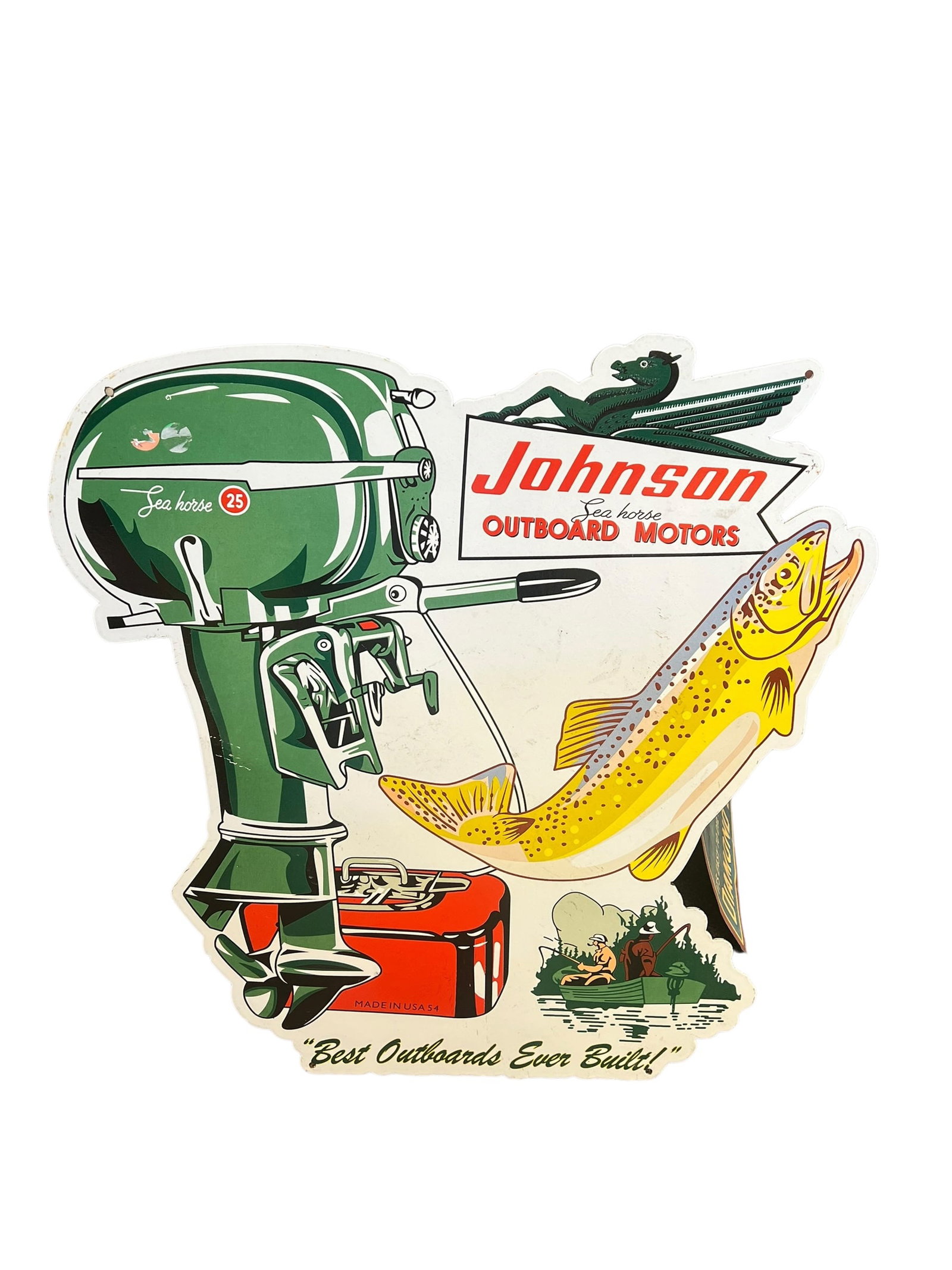 Johnson Motor Porcelain Advertising Sign: This item is a Johnson Sea Horse Outboard Motors reproduction metal cut-out sign. [1, 2]Design: The sign features a vintage design with a 25 HP outboard motor and a yellow fish.Material and