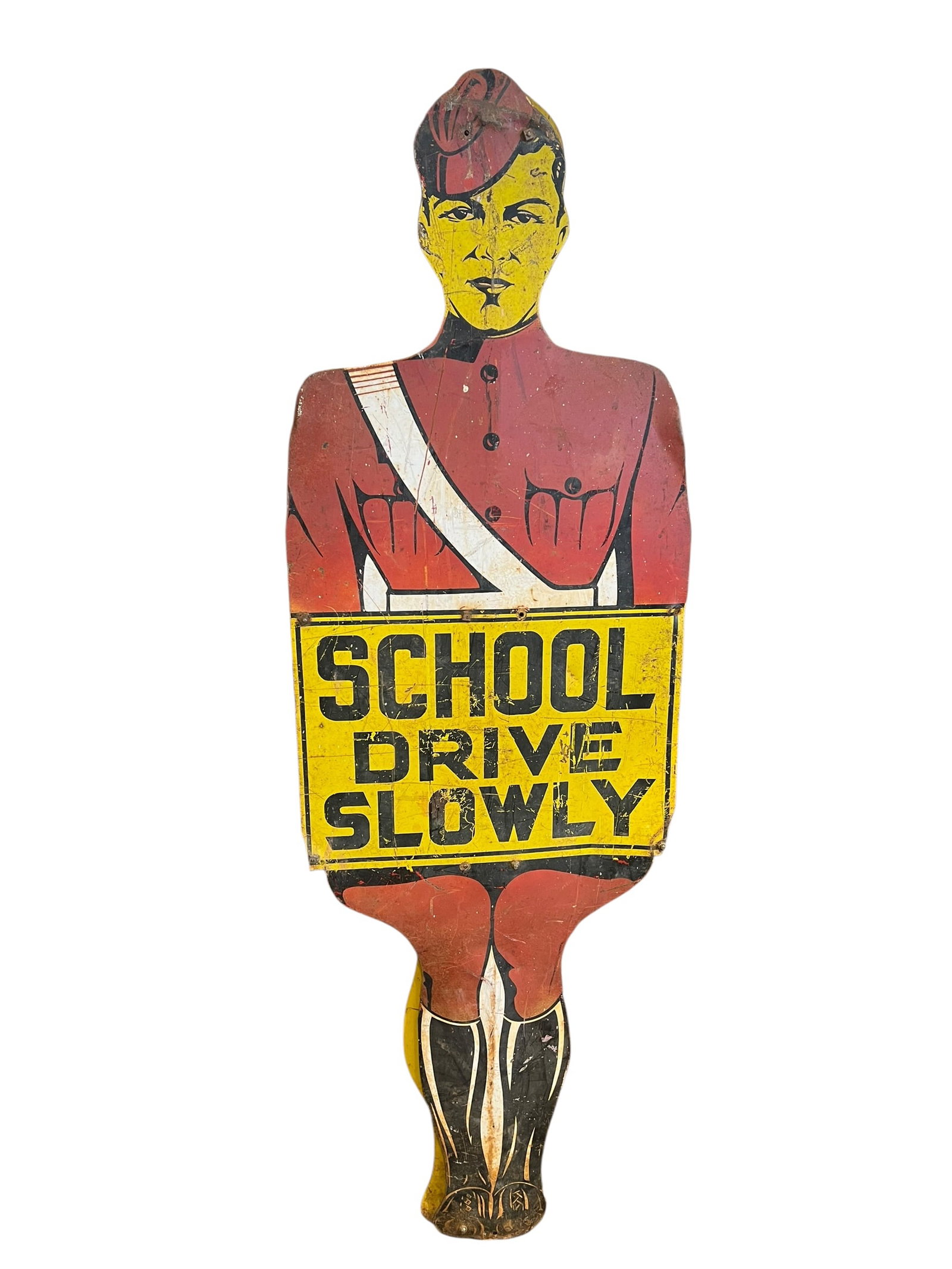 School Drive Slowly Metal Double Sided Sign: This is a vintage "School Drive Slowly" figural crossing guard tin sign, typically featuring a die-cut design of a child in a uniform. [1, 2]These signs were used as sidewalk curb signs to warn driver