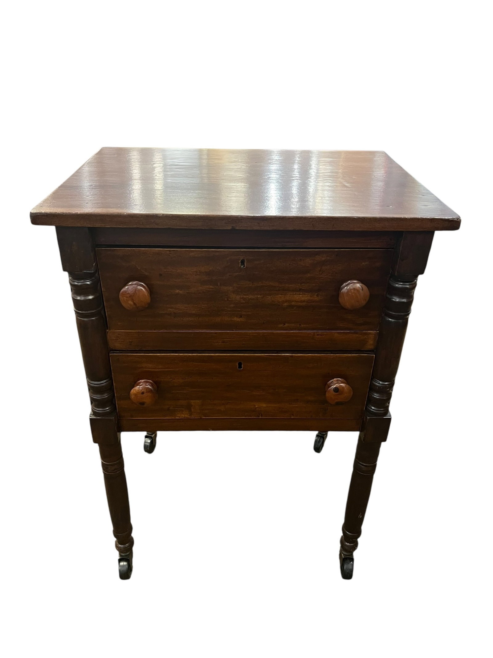 Mahogany Display Case: This is an American Federal / Empire style 2-drawer side table, dating back to the mid-19th century (circa 1830–1840). These versatile pieces were originally constructed as bedside stands, work