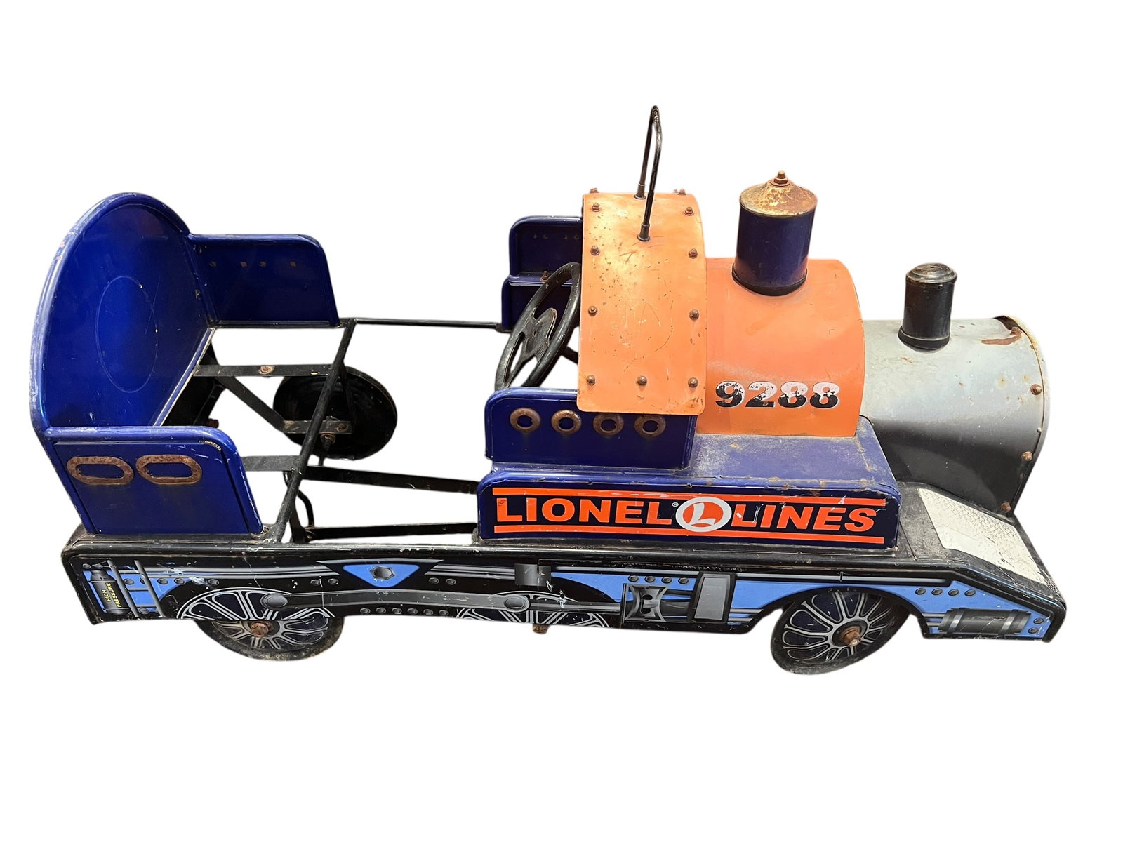 Morgan Cycle Lionel Lines No. 9288 child's pedal train car: This item is a Morgan Cycle Lionel Lines No. 9288 child's pedal train car. It is an all-steel ride-on toy designed to replicate a classic vintage locomotive steam engine. [1, 2, 3, 4]Key