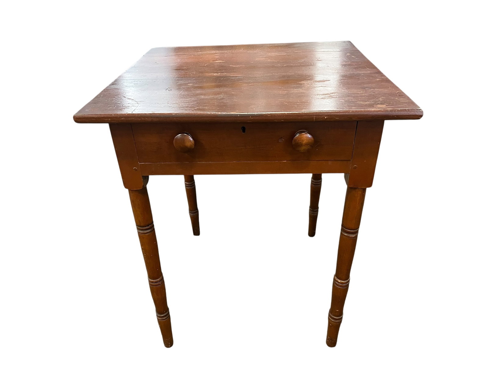 Walnut 1 Drawer Stand: This is an early 19th-century American country tavern table made of solid wood, featuring a single drawer with hand-turned legs. [1, 2, 3]Age and Style: Similar pieces date back to the early 1800s,