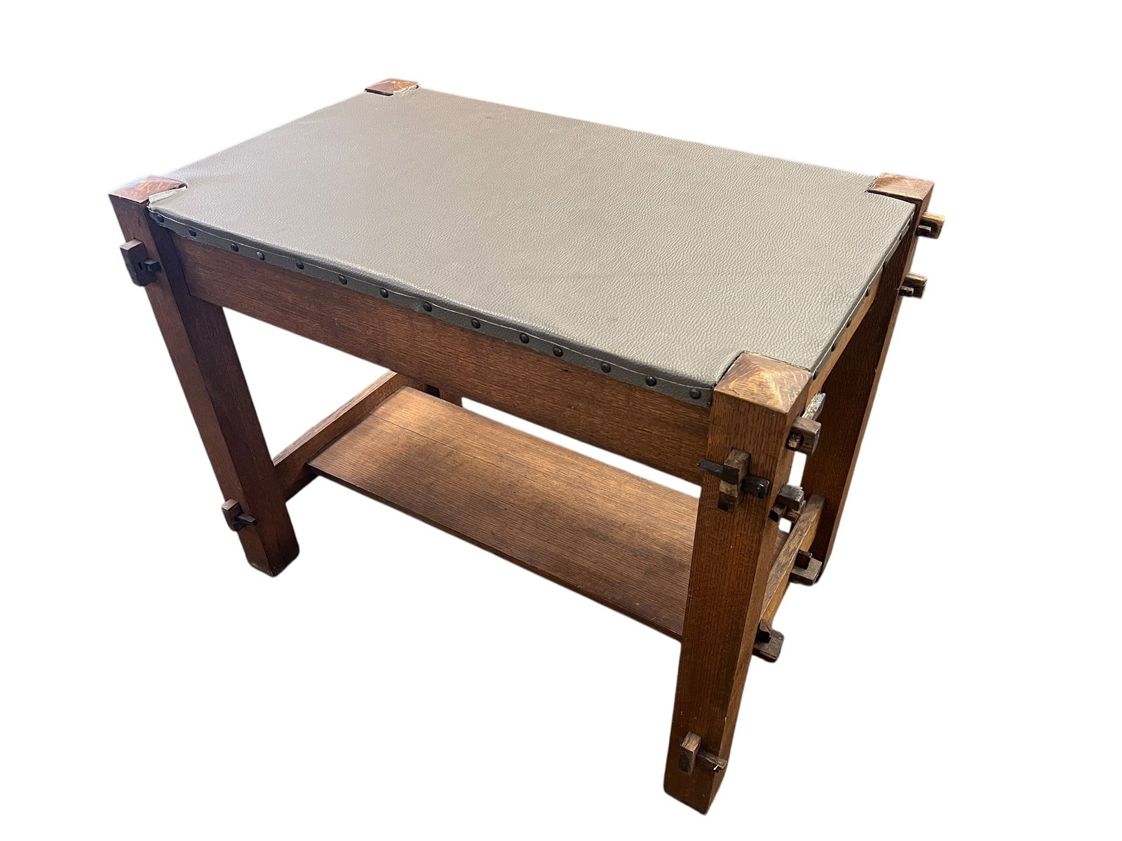 Mission Oak leather top library table - 2