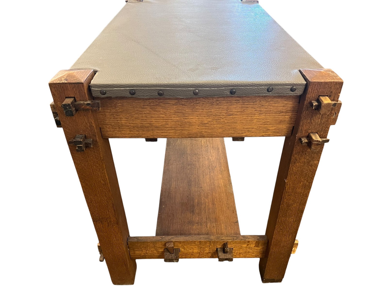 Mission Oak leather top library table - 4