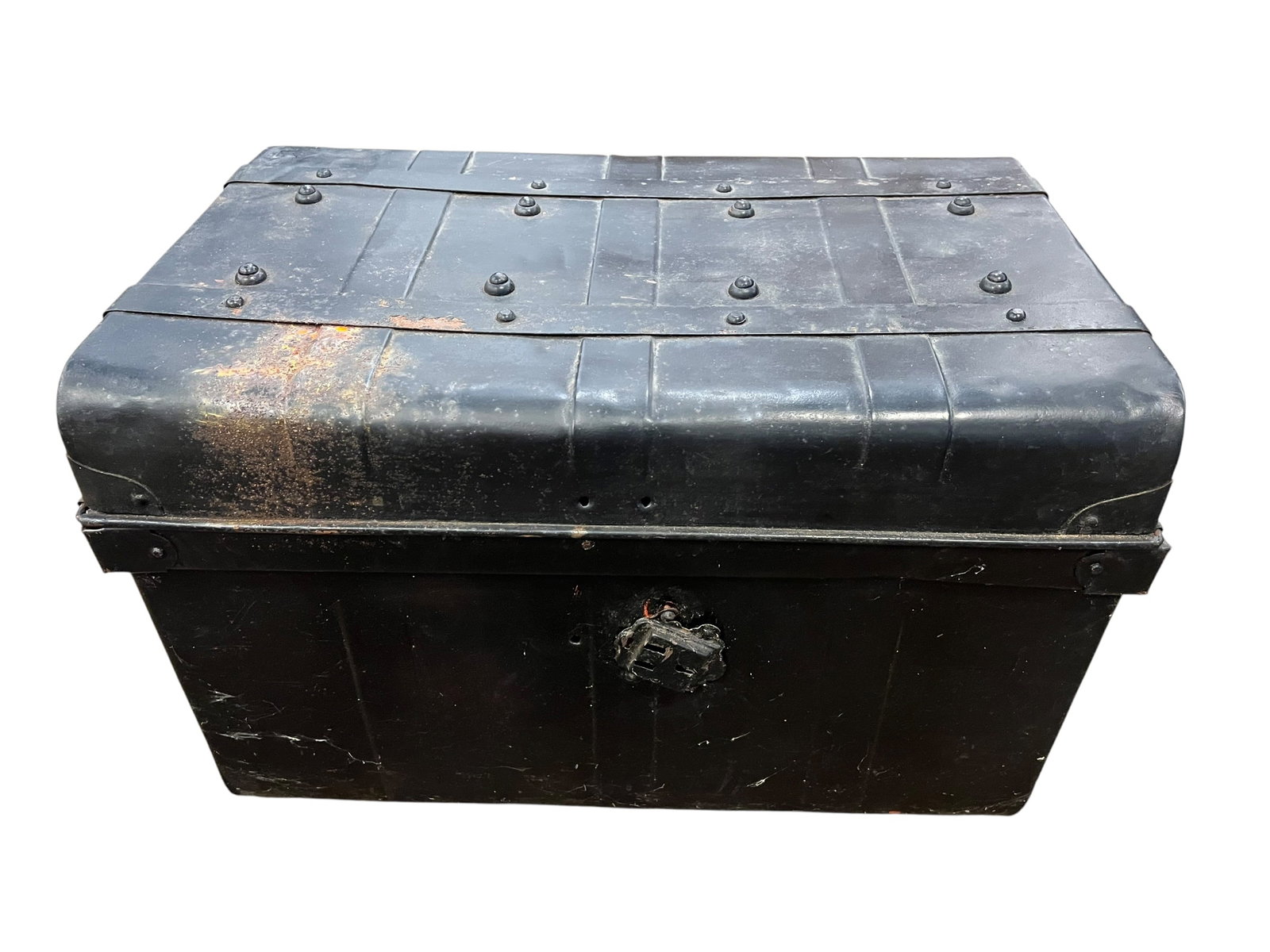 Metal Trunk: This item is a vintage black metal trunk, possibly for storage or rustic cabin decor. [1, 2]Design and Materials: It is a flat-top trunk constructed from metal, often reinforced with wooden slats, riv