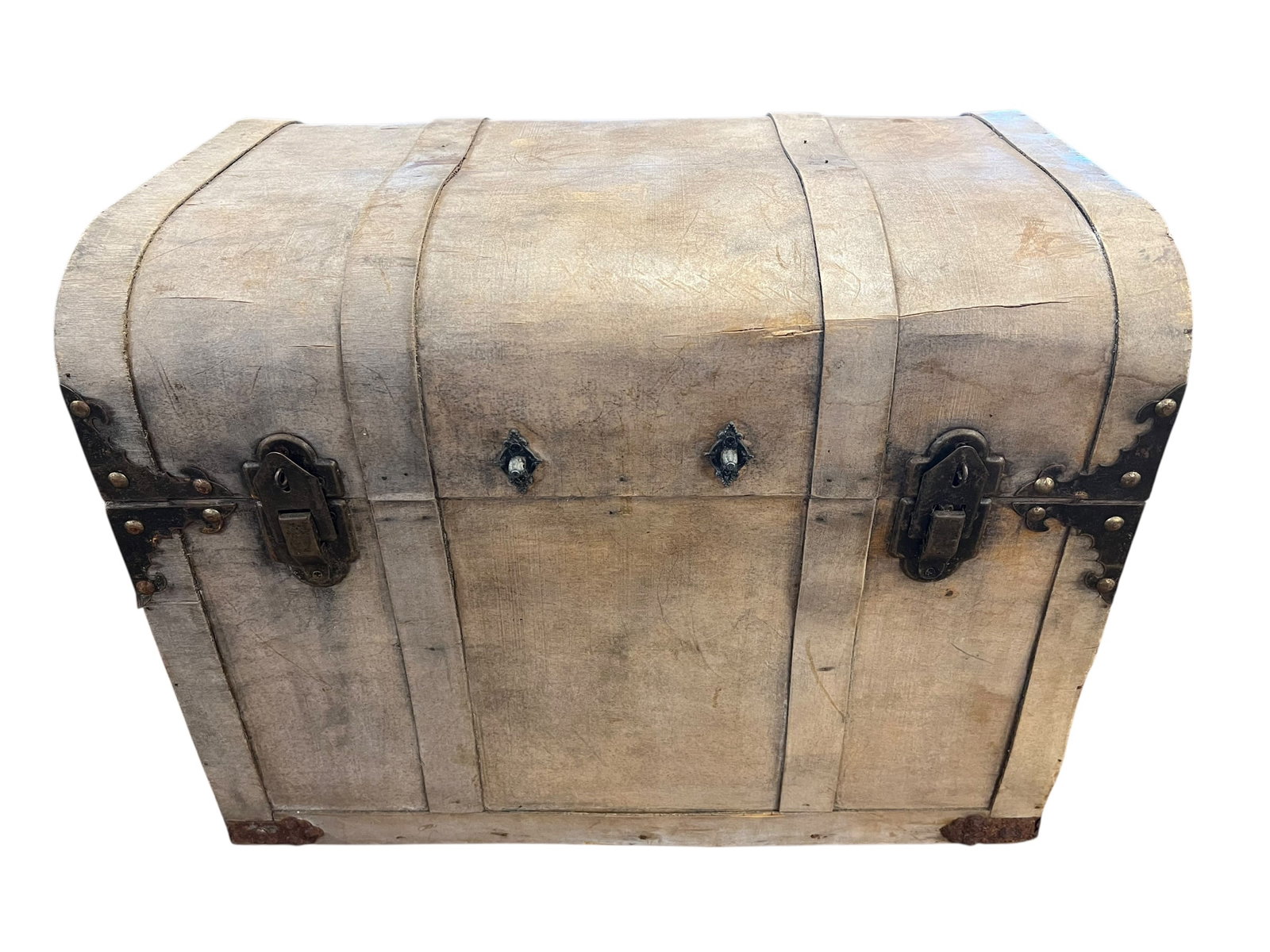 Small Wooden Trunk: This is an antique dome-top steamer trunk, likely dating from the late 19th to early 20th century. Trunks like this were commonly used for extended travel by steamship or train.Key